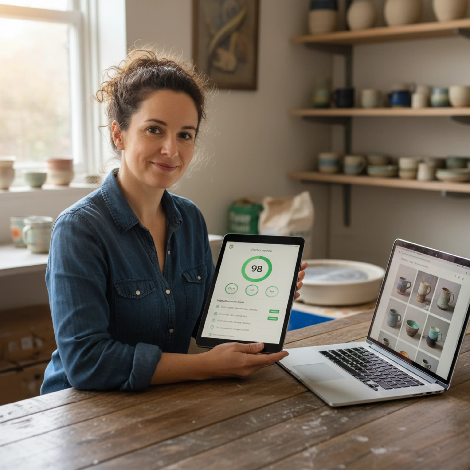 A small business owner viewing their PageSpeed Insights results on a tablet showing green scores for LCP, CLS, and image audit passes, with their ceramic product gallery loading instantly in the background on a laptop beside them