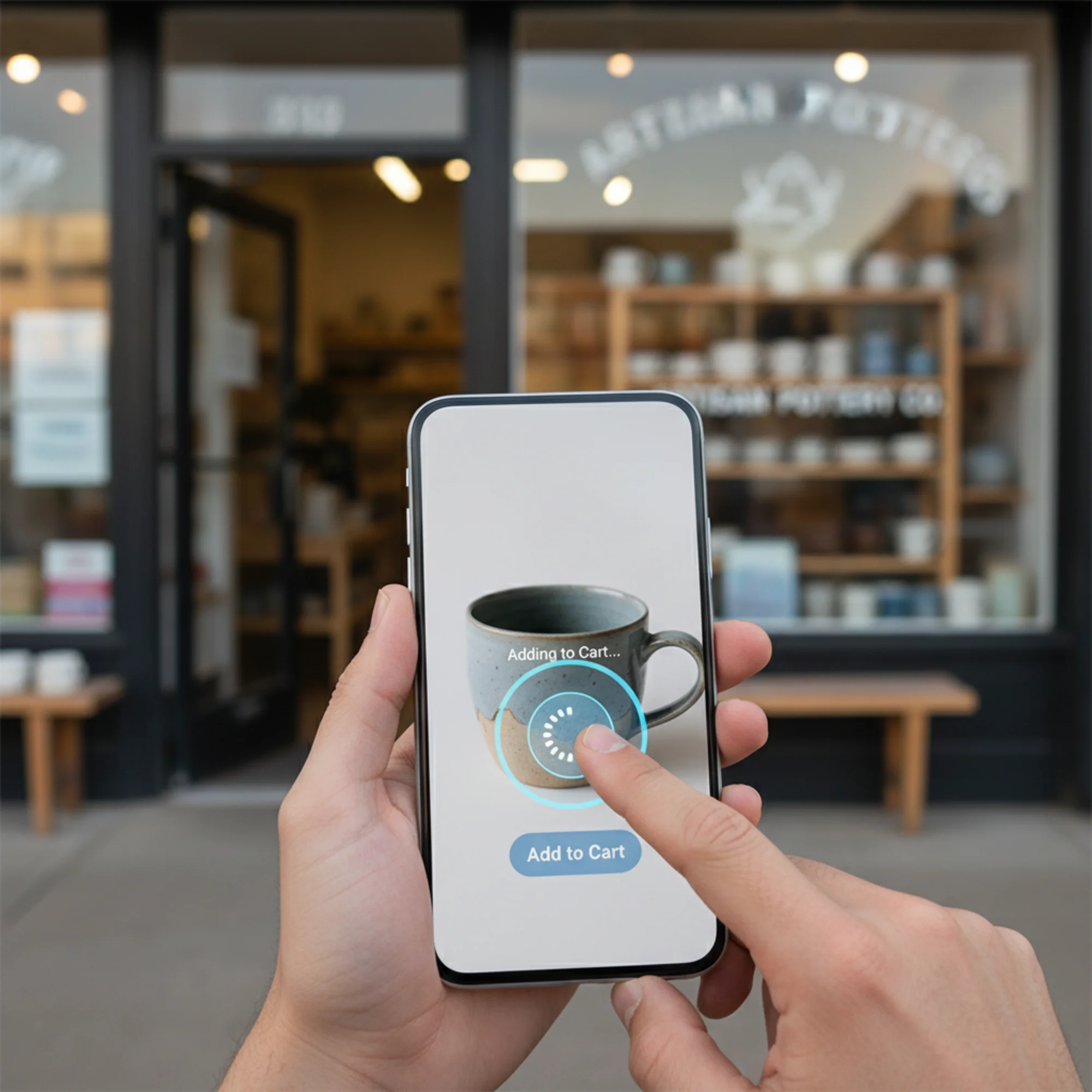 A frustrated customer tapping a product "Add to Cart" button on a mobile phone screen with a visible delay spinner, the button highlighted but nothing happening yet, a small shop storefront blurred in the background