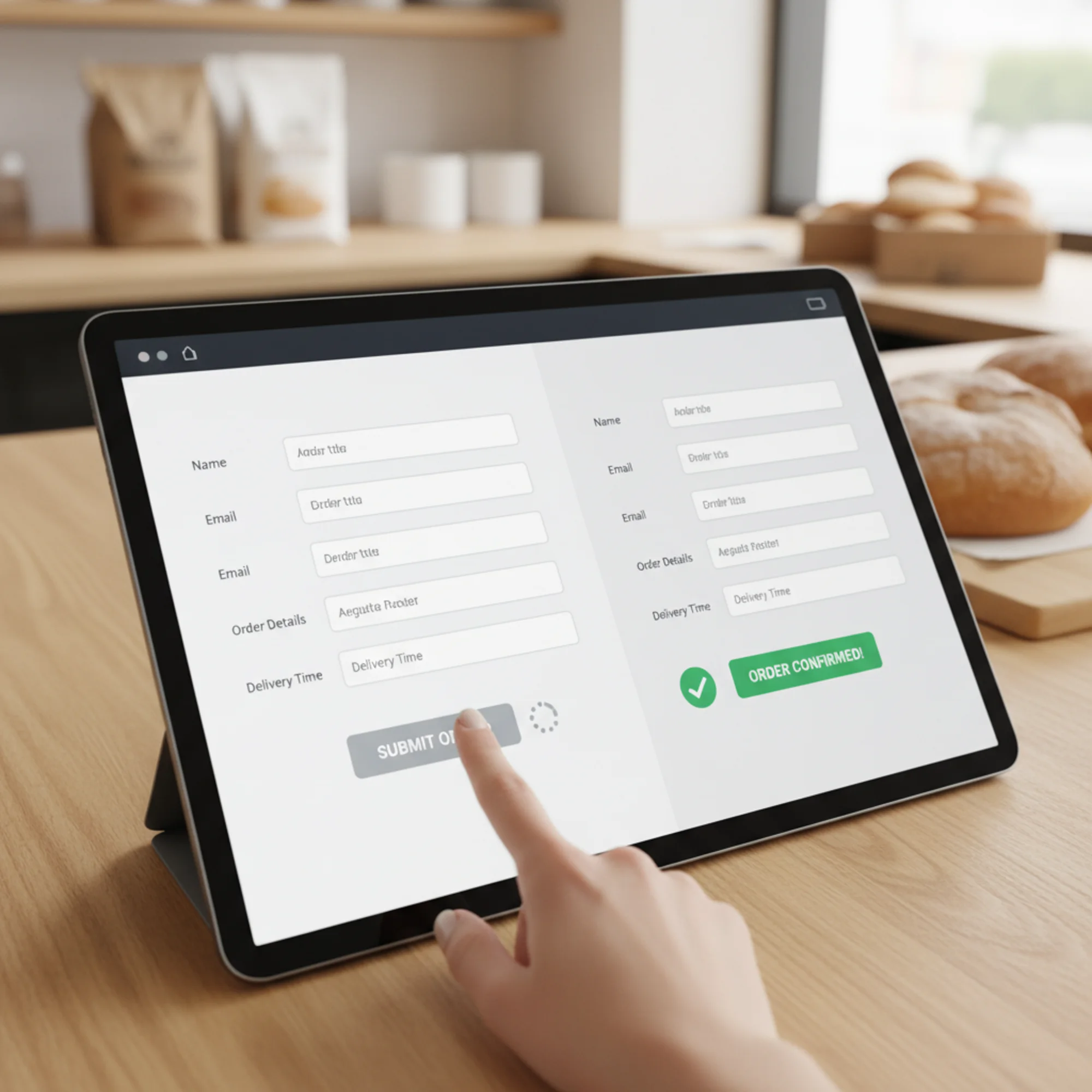 Split-screen showing two identical bakery website order forms: left side frozen mid-tap with a grayed-out submit button and a loading cursor, right side responding instantly with a green confirmation checkmark
