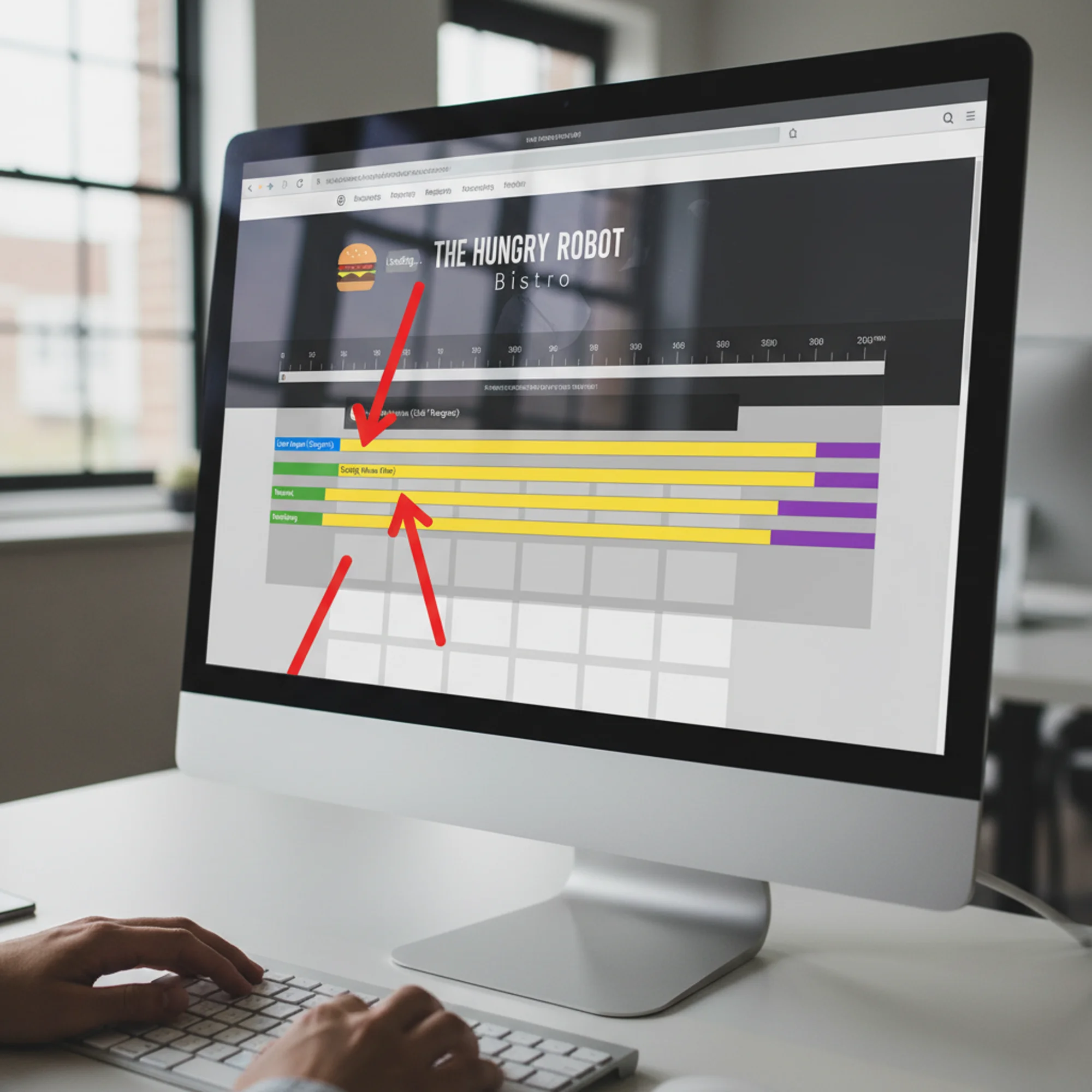 A simplified browser DevTools performance waterfall diagram overlaid on a restaurant website, showing a long yellow JavaScript block delaying the response to a menu filter click, with red arrows pointing to the bottleneck