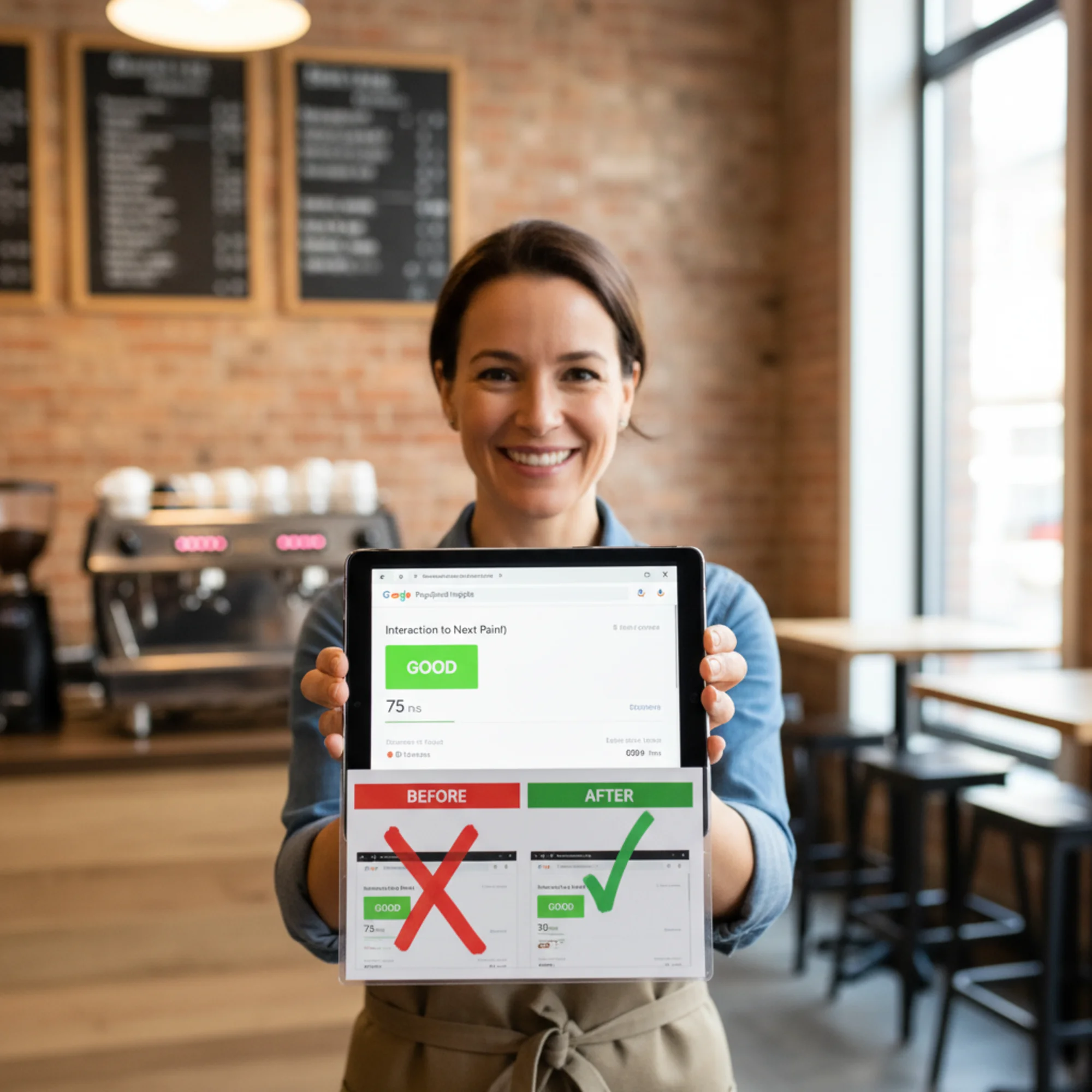 A happy small business owner viewing their Google PageSpeed Insights results on a tablet showing green "Good" INP scores, with a before/after comparison card showing the old red score crossed out
