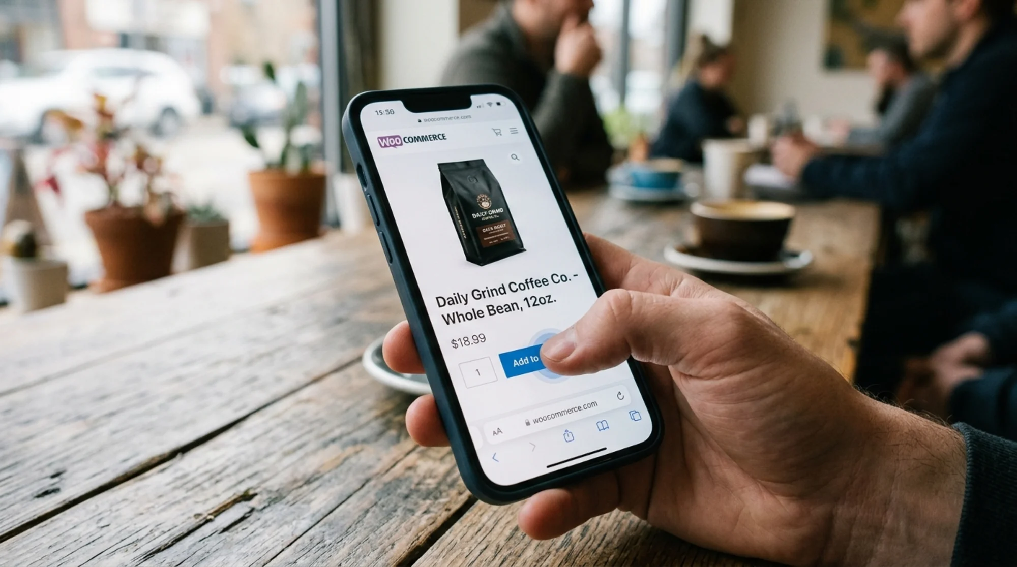 Close-up of a thumb tapping a blue "Add to Cart" button on a WooCommerce product page on a smartphone, subtle motion blur showing the button pressed but not yet visually responding