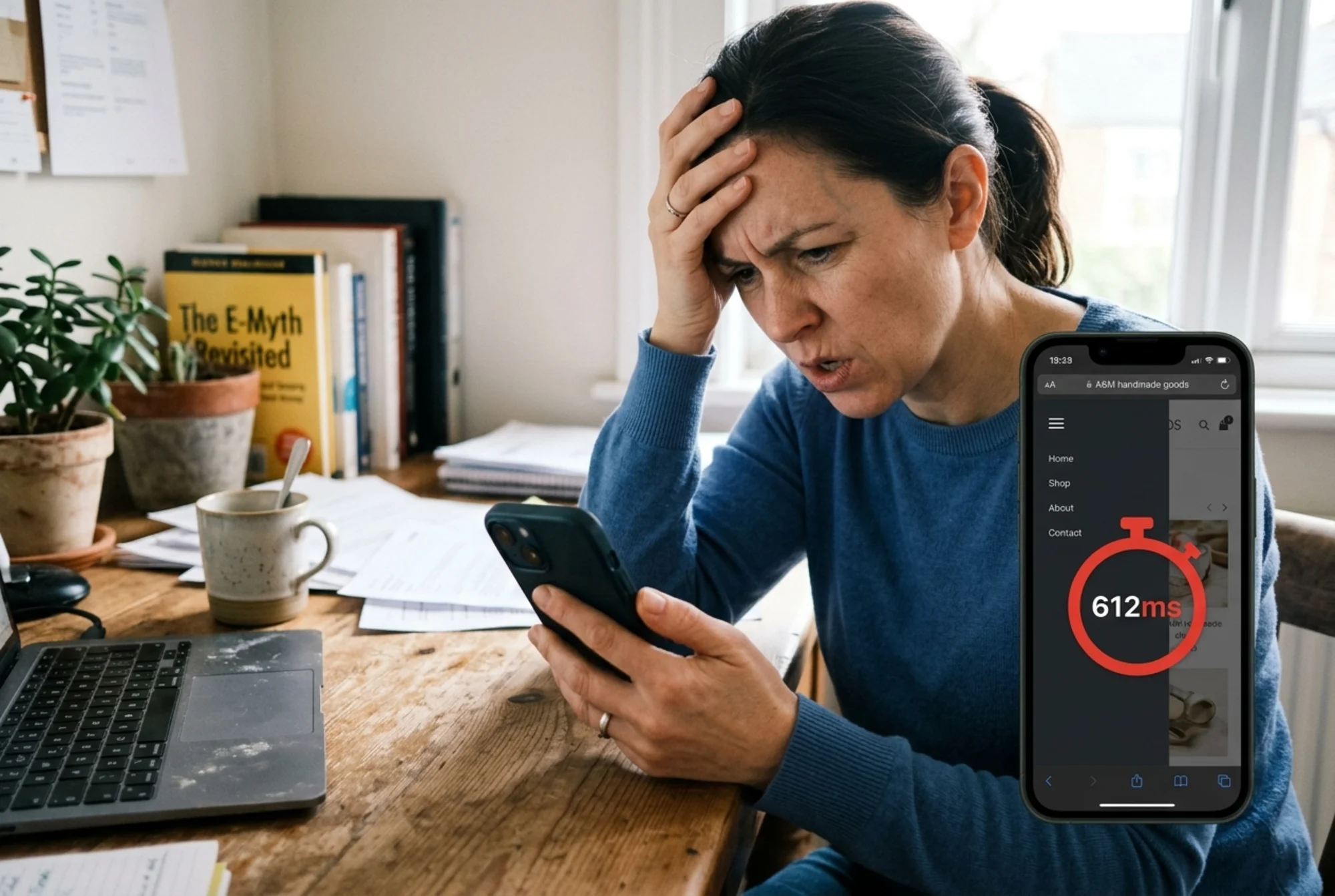 Small business owner at a desk looking annoyed at a phone showing a half-opened WordPress mobile menu frozen mid-animation, stopwatch icon overlay showing "612ms" delay