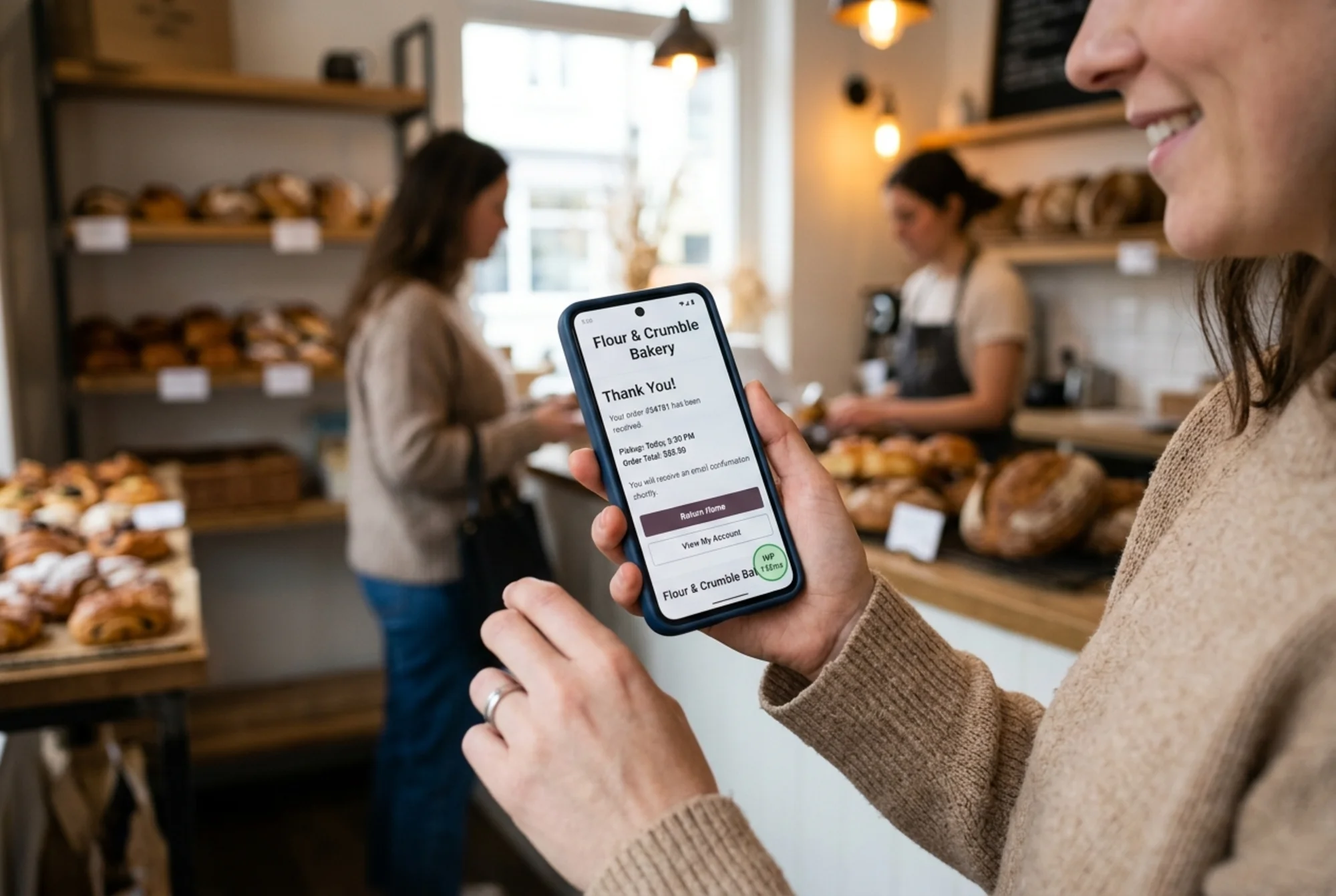 Mobile checkout success screen on a WordPress bakery site with a clean order confirmation, a small green INP badge in the corner reading "INP 142ms" and a satisfied customer's hand lowering the phone