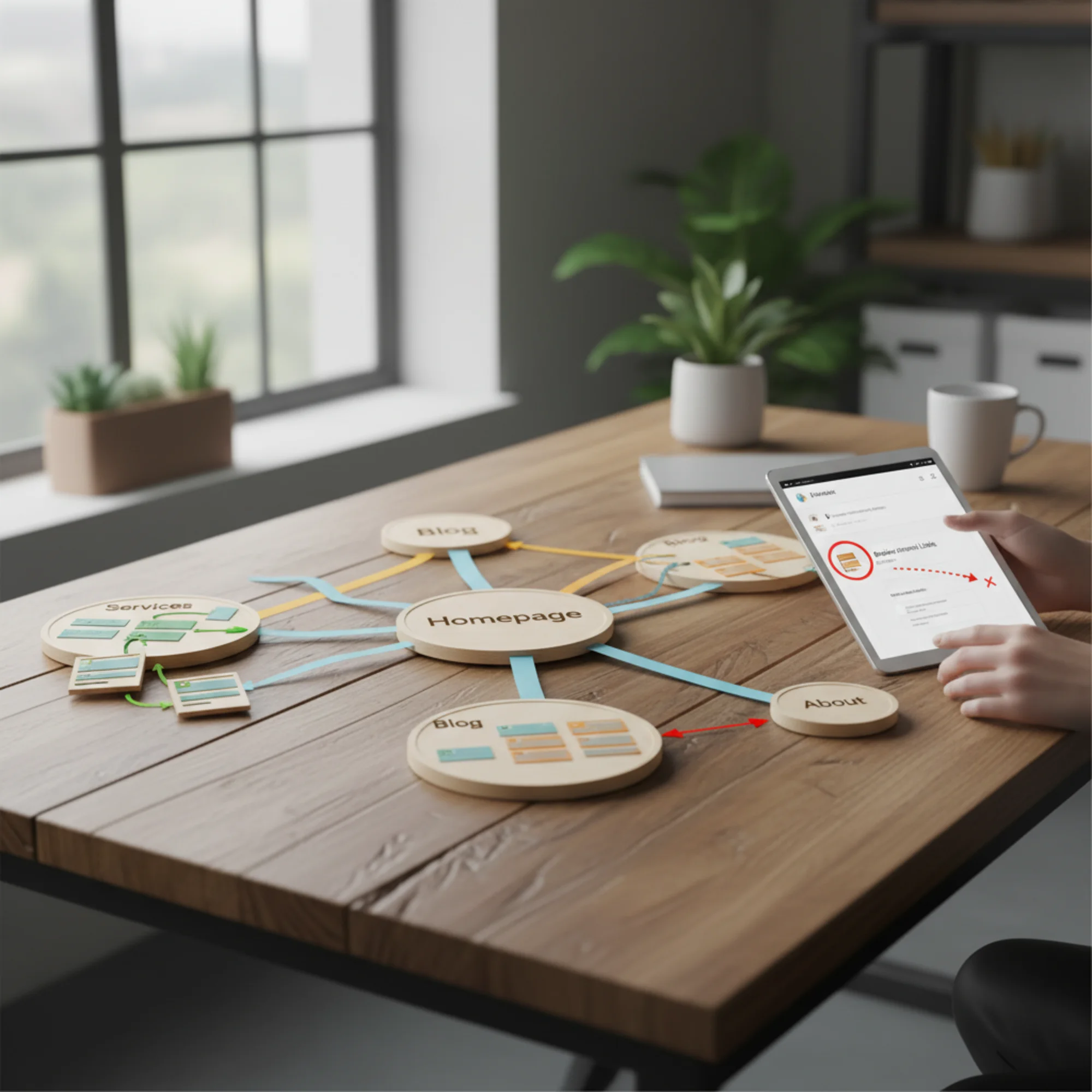 A clean website sitemap diagram for a small business site showing interconnected pages with colored arrows flowing from homepage to service hubs, blog posts, and contact page, with node labels like Services, Blog, About, and Contact