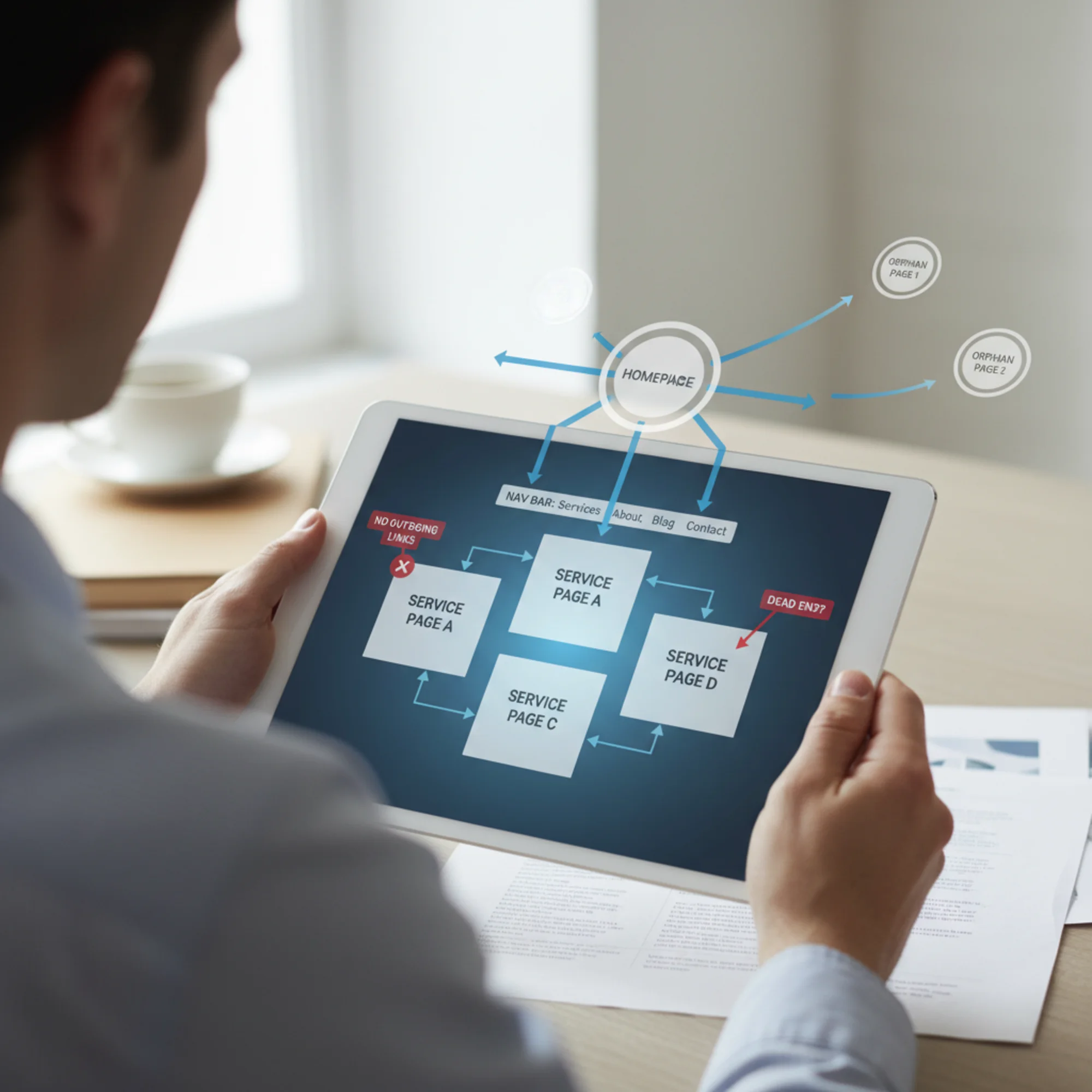 A broken internal link diagram with orphan pages floating disconnected from the main site, dead-end service pages with no outgoing links, and a homepage linking only to the nav bar, illustrating poor internal link architecture