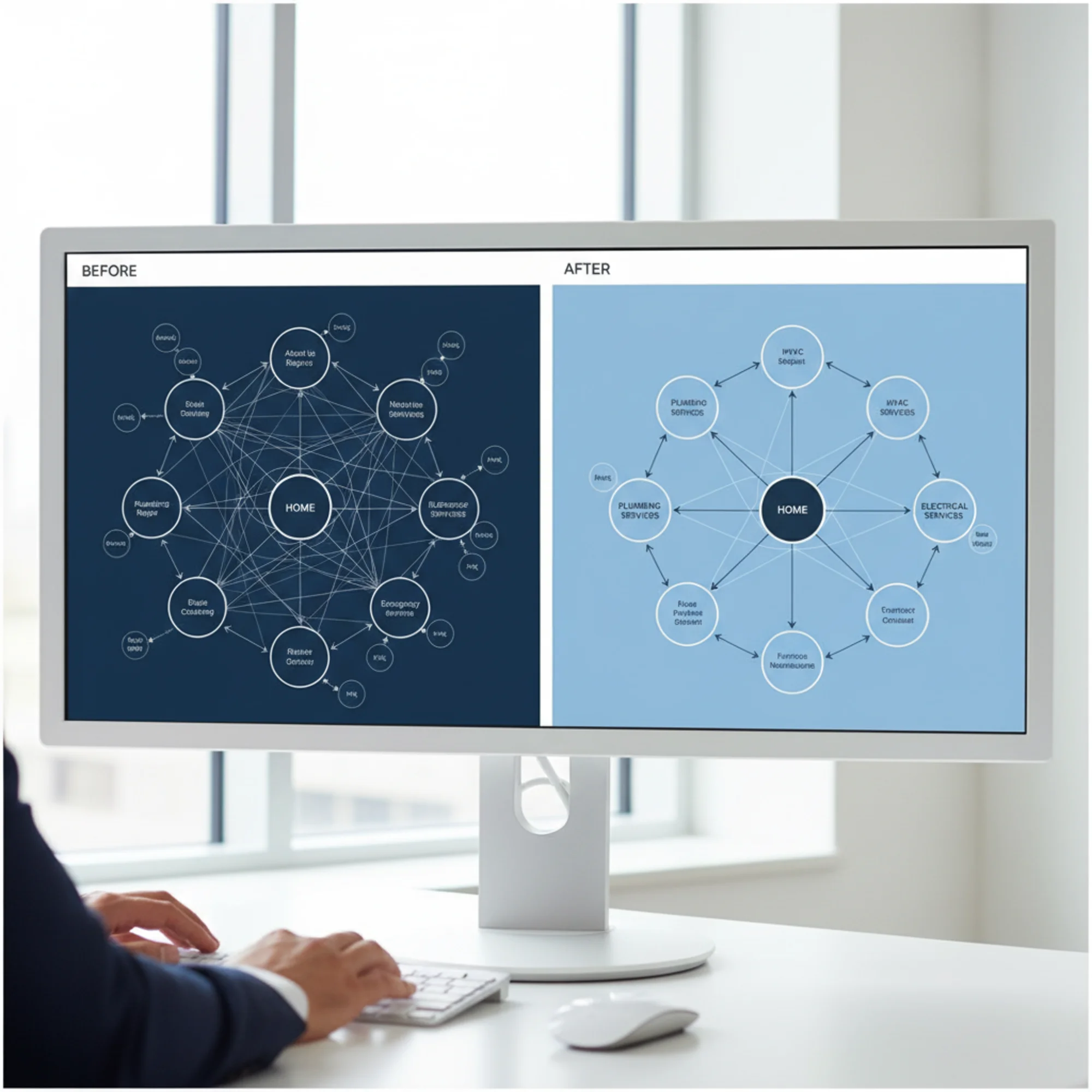 A split-screen before-and-after of a small business website link map, the left side showing a flat tangle of unlinked pages and the right side showing a clean hub-and-spoke structure with service hubs grouping related pages