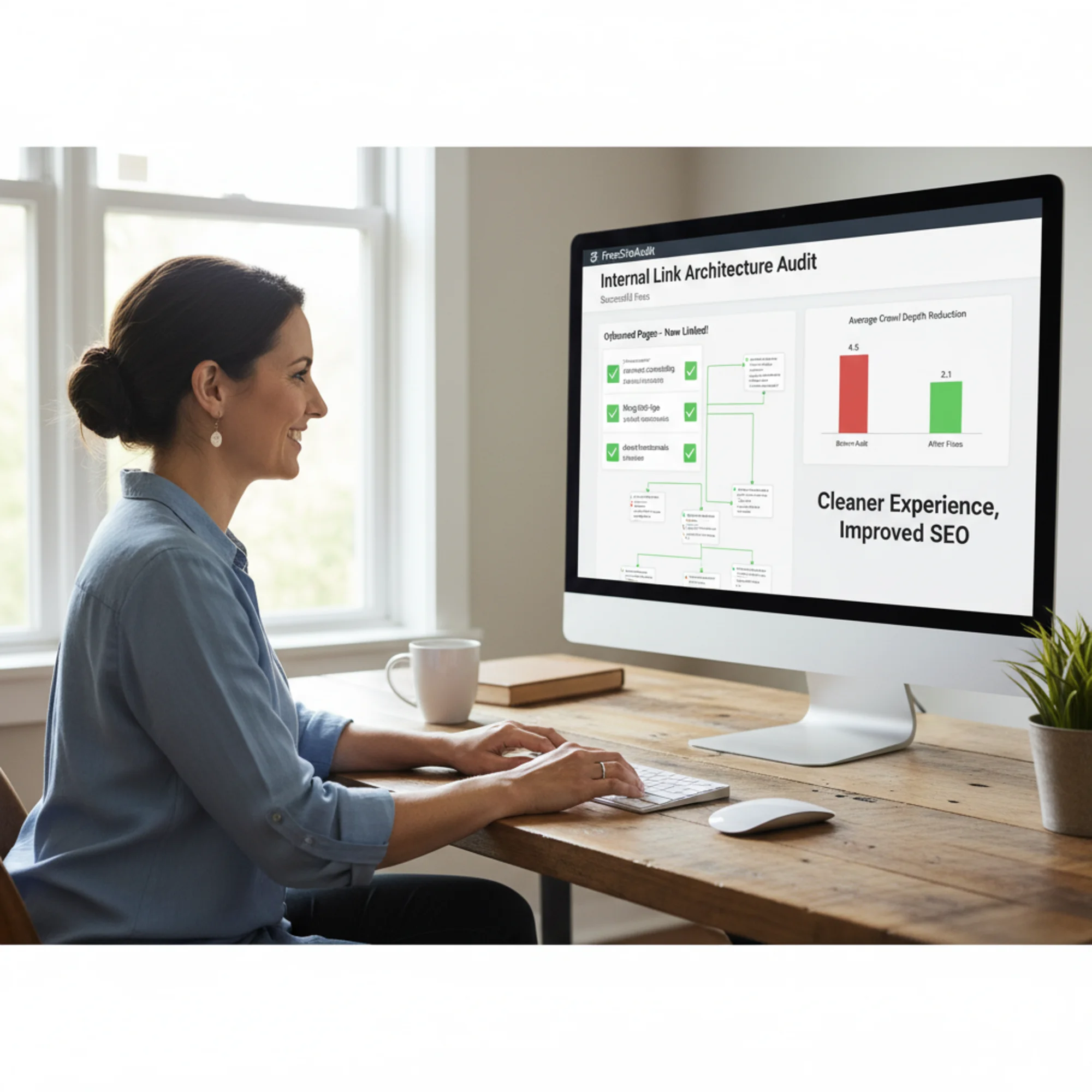 A small business owner viewing a FreeSiteAudit crawl-depth report on screen, with green checkmarks next to previously orphaned pages now linked into the site hierarchy and a bar chart showing reduced average crawl depth