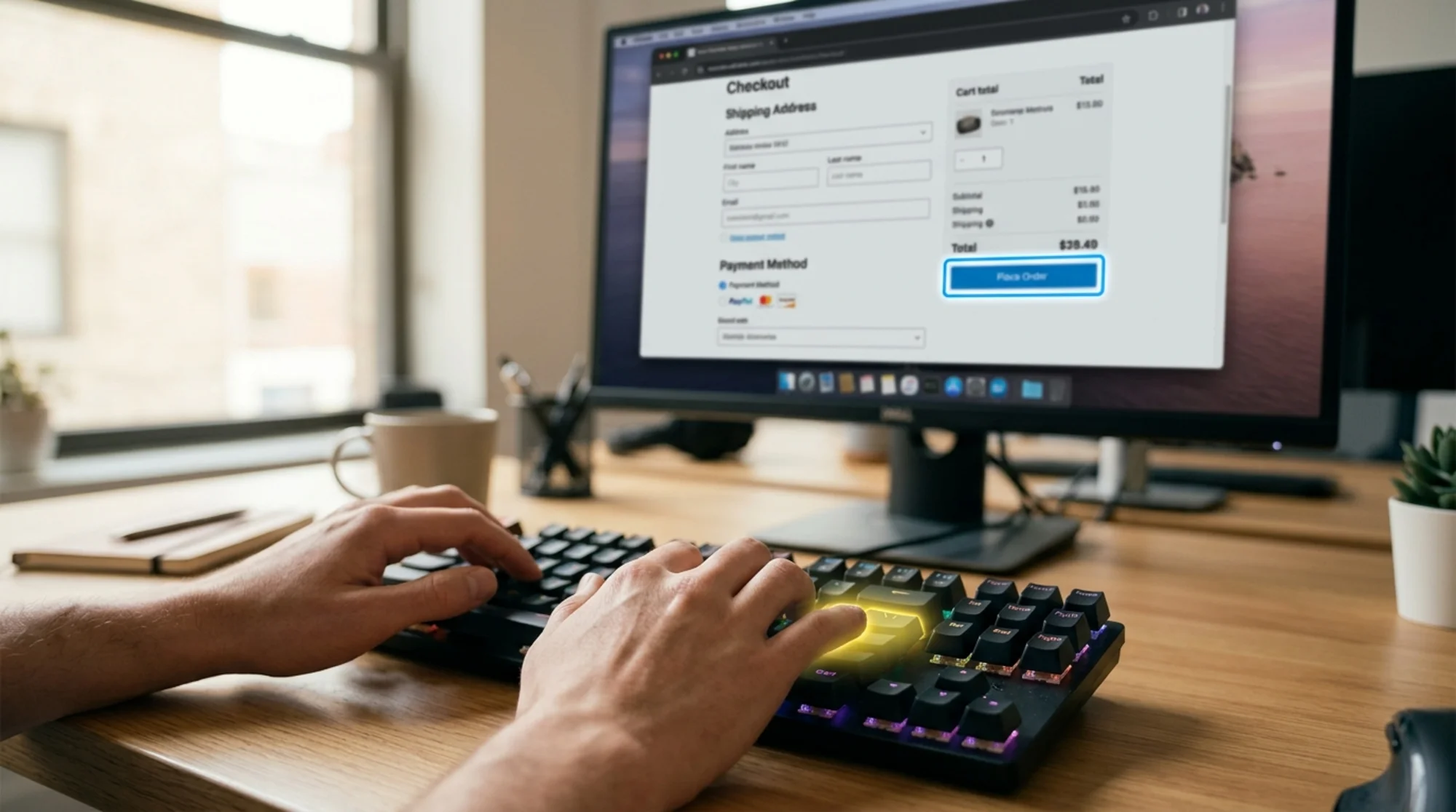 Close-up of hands resting on a mechanical keyboard with the Tab key highlighted in soft yellow light, a checkout form visible on a blurred monitor in the background showing a focused "Place Order" button outlined in blue