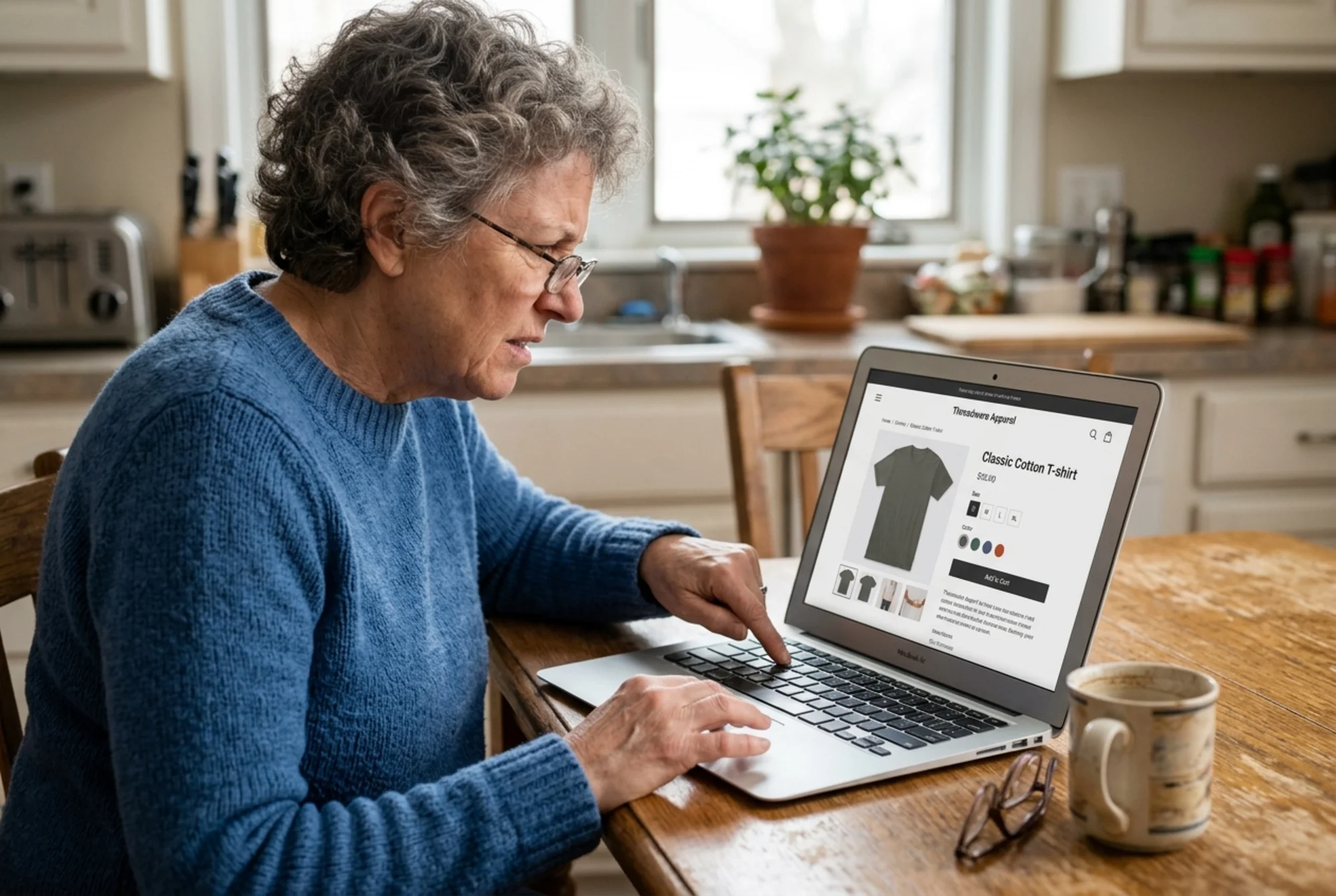 A frustrated small business customer at a kitchen table pressing Tab repeatedly on a laptop, the screen showing a clothing store product page with no visible focus indicator, half-empty coffee mug and reading glasses beside the laptop