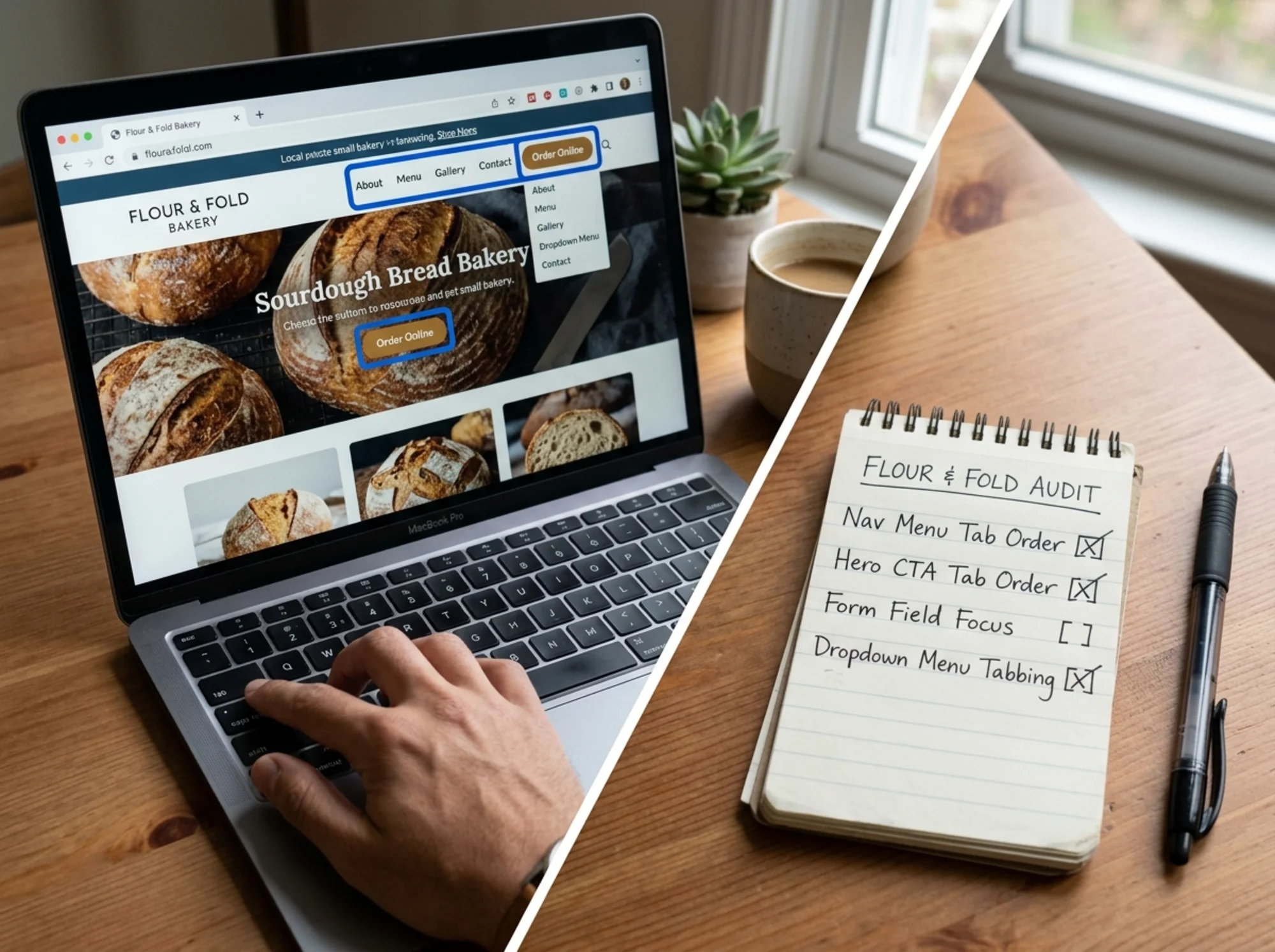 Split-screen view of a bakery website being tested: left side shows a developer's hand pressing Tab while the screen displays a visible blue focus ring jumping in logical order through navigation, hero CTA, and menu links; right side shows a small notebook with handwritten checklist items being ticked off