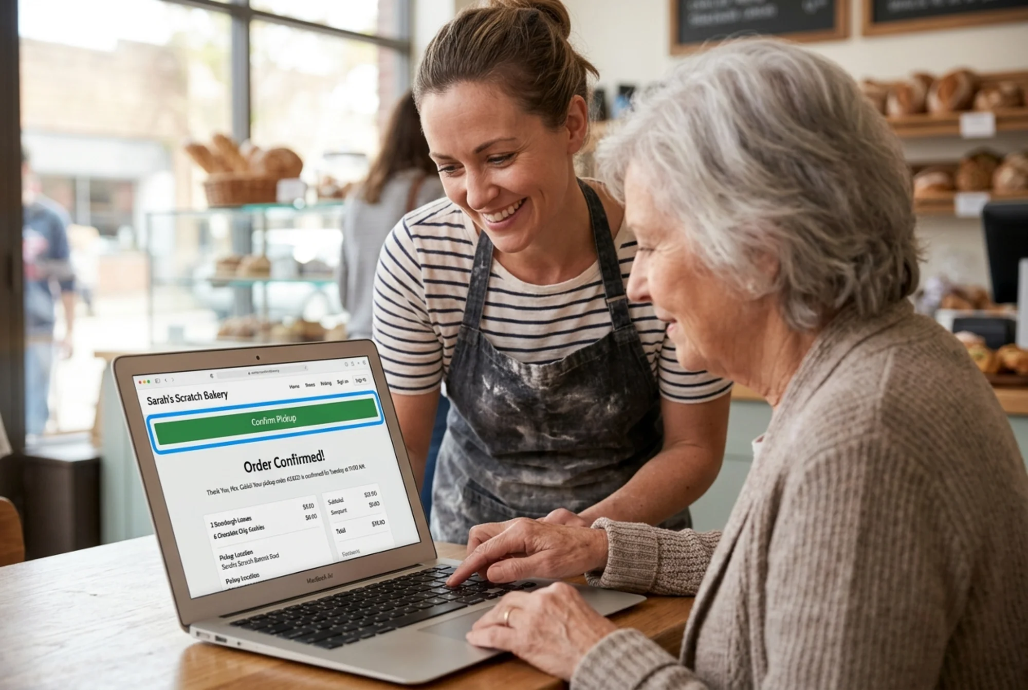 A bakery owner smiling while watching an older customer successfully complete an online order using only the keyboard, the laptop screen showing a clear focus outline on the "Confirm Pickup" button and a completed order confirmation