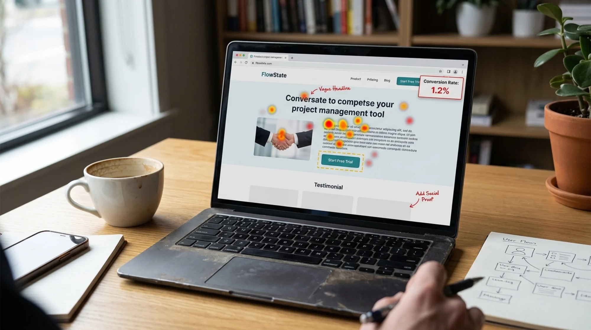 A laptop screen displaying a SaaS landing page being audited with analytical overlay annotations — heatmap dots clustering on the wrong elements, the primary CTA outlined in dashed yellow, and a red conversion-rate indicator showing 1.2% in the corner
