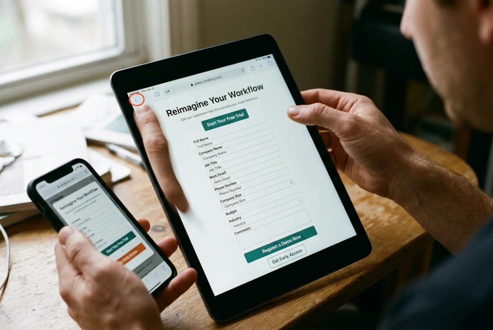 A cluttered SaaS landing page on a tablet screen showing three competing CTA buttons, a long signup form with 9 fields, and a vague "Reimagine Your Workflow" headline, with a frustrated visitor's thumb hovering over the back button
