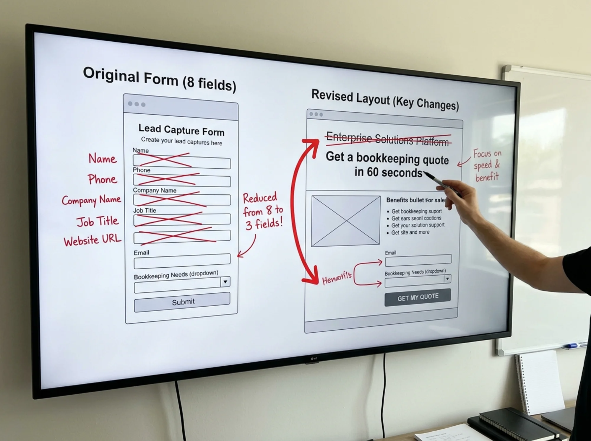 Split-screen landing page wireframe annotation: left panel marks 8 form fields with 5 crossed out in red, right panel shows a headline rewrite from "Enterprise Solutions Platform" to "Get a bookkeeping quote in 60 seconds" with directional arrows and inline notes