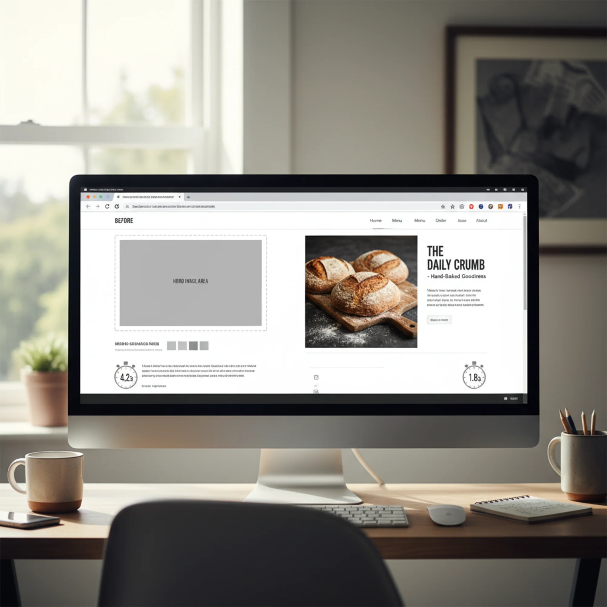 A split-screen browser view showing the same small business homepage loading: left side frozen with a blank hero image placeholder, right side fully rendered with a crisp product photo and visible text, a stopwatch overlay showing 4.2s vs 1.8s