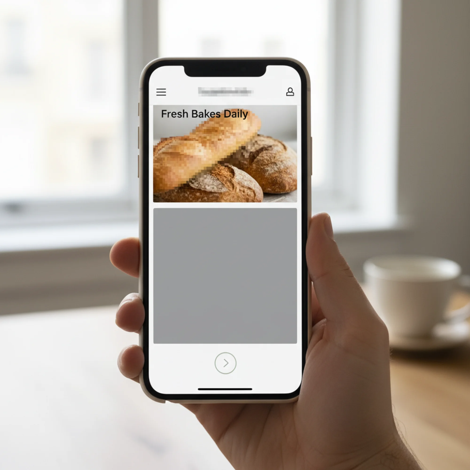 A mobile phone screen displaying a slow-loading bakery website where the large hero image of fresh bread is half-loaded with a visible gray placeholder box, a frustrated customer's thumb hovering over the back button