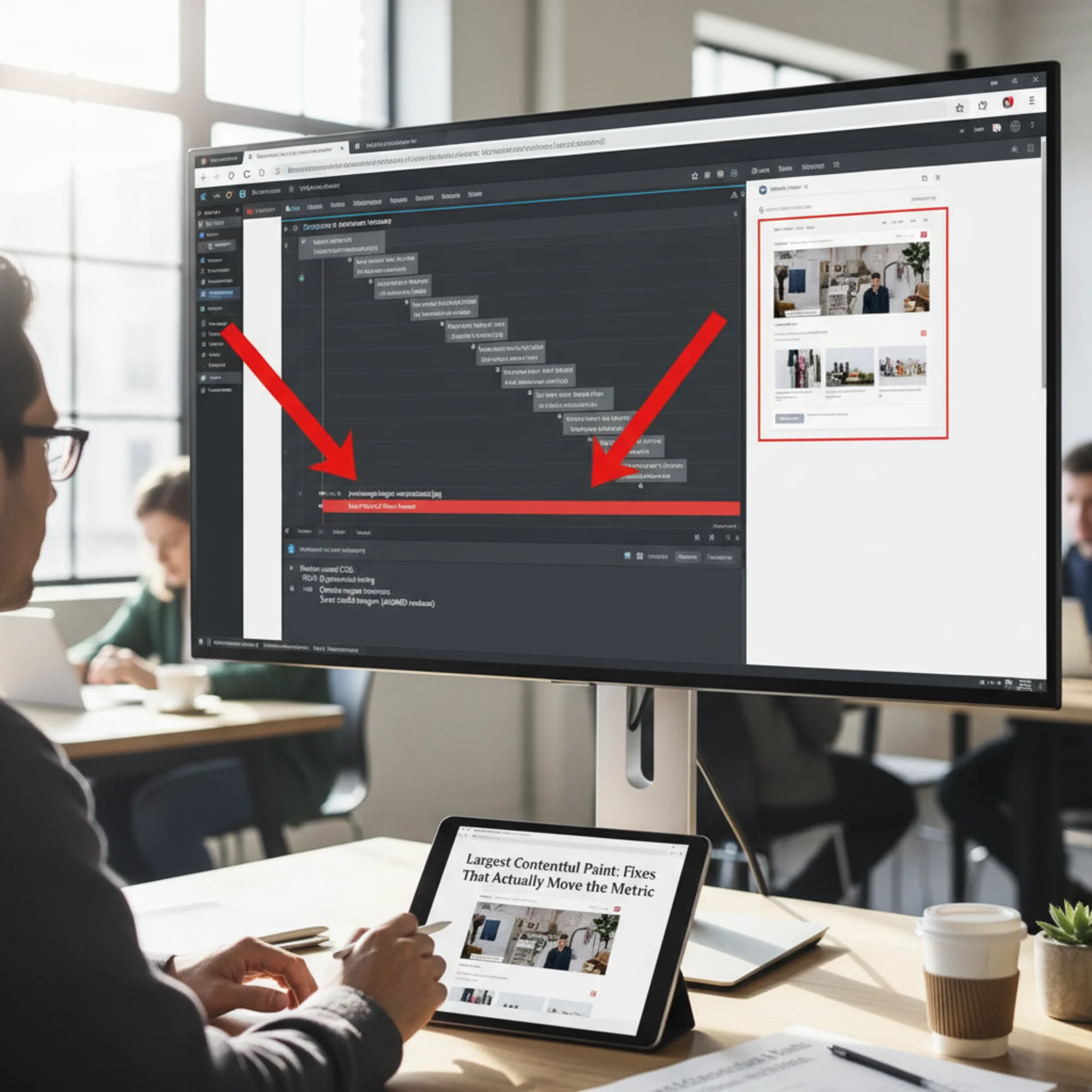 A waterfall chart from browser DevTools showing the loading sequence of a webpage, with the LCP element (a large banner image) highlighted in red at the bottom of the cascade, arrows pointing to render-blocking CSS and unoptimized image resources above it