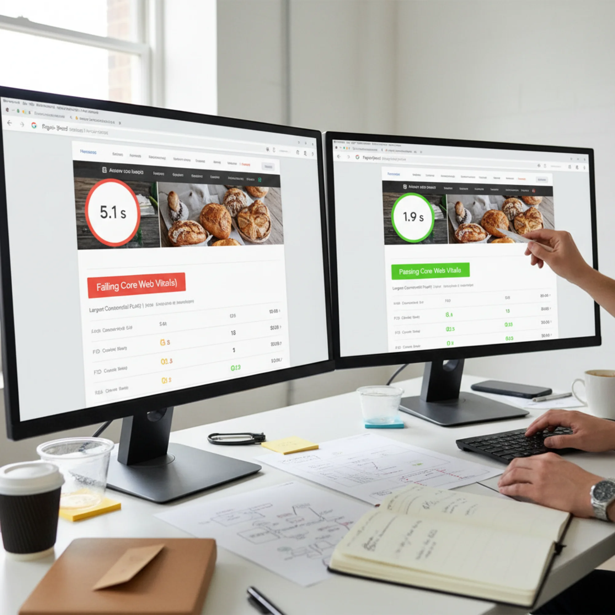 A before-and-after comparison of a small business website's PageSpeed Insights results, left showing a red LCP score of 5.1 seconds with failing Core Web Vitals, right showing a green 1.9 second score with all vitals passing
