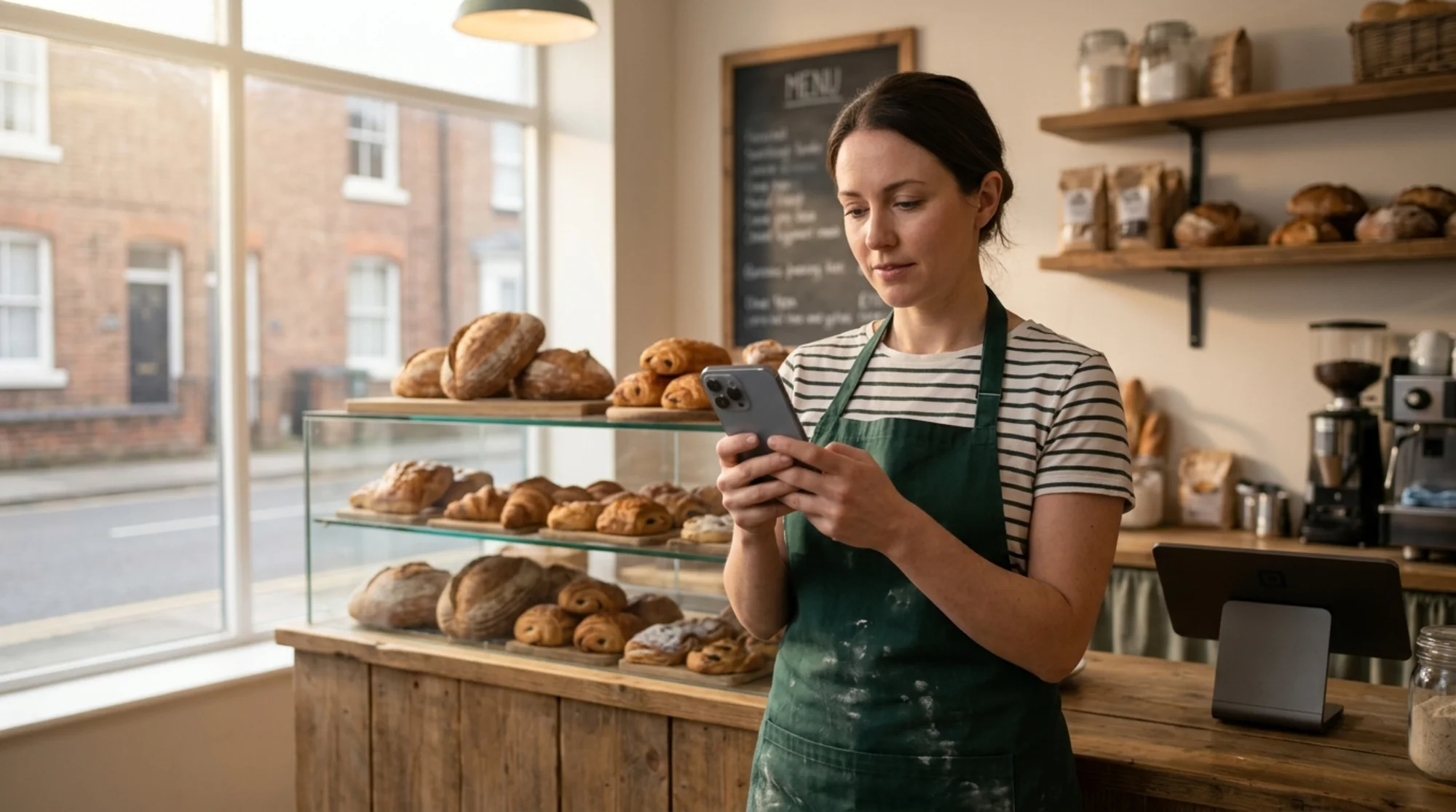 A small business owner standing behind the counter of a neighborhood bakery, holding a phone showing a half-loaded bakery product page where the hero image is still a grey placeholder rectangle and only the headline text has rendered, soft morning light through the shop window, realistic photography style