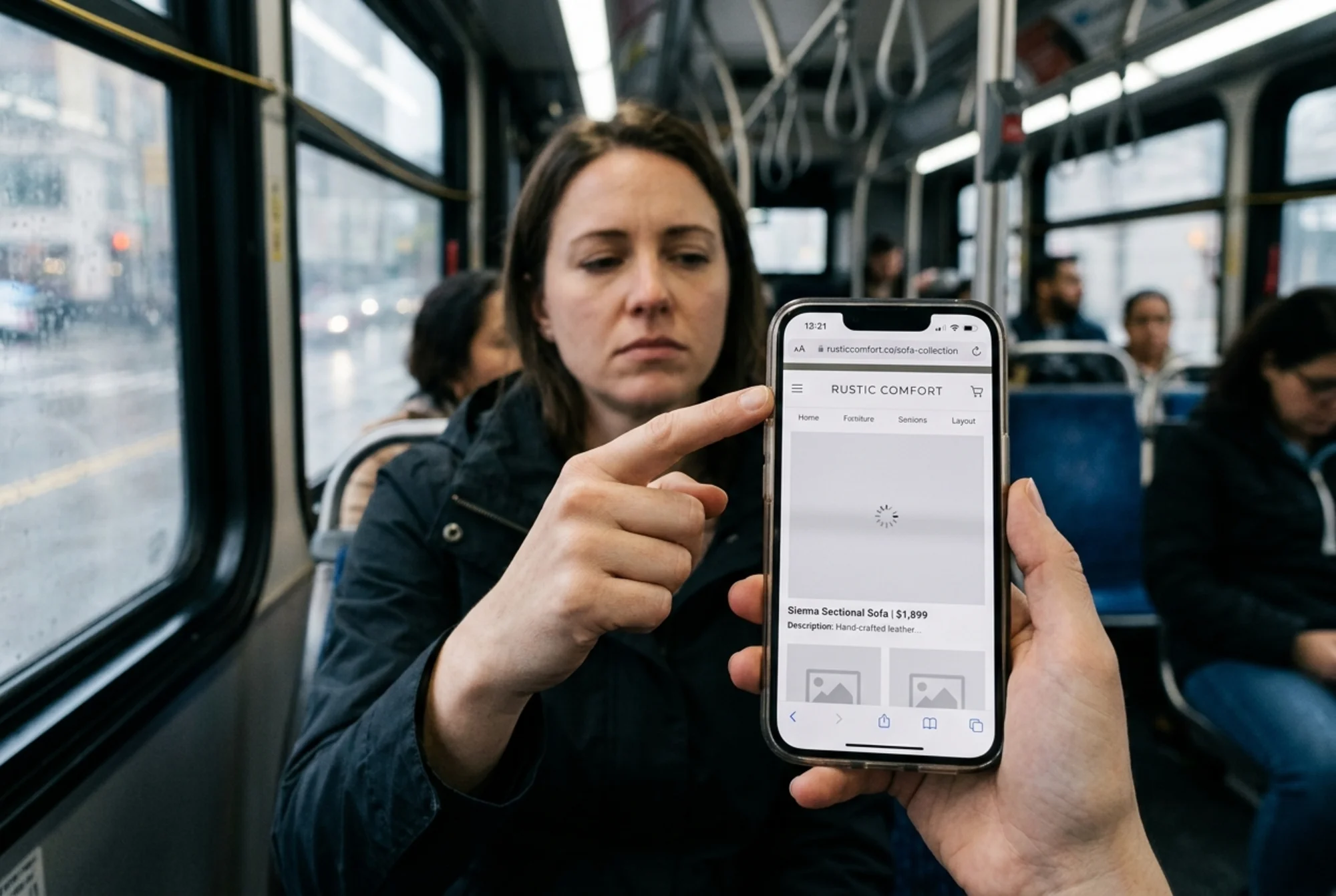 A frustrated commuter on a city bus tapping the back button on a furniture retailer's mobile site as the main product photo continues loading with a visible loading spinner after several seconds, blurred bus interior, close-up of the phone screen showing the partial page render with grey image placeholder