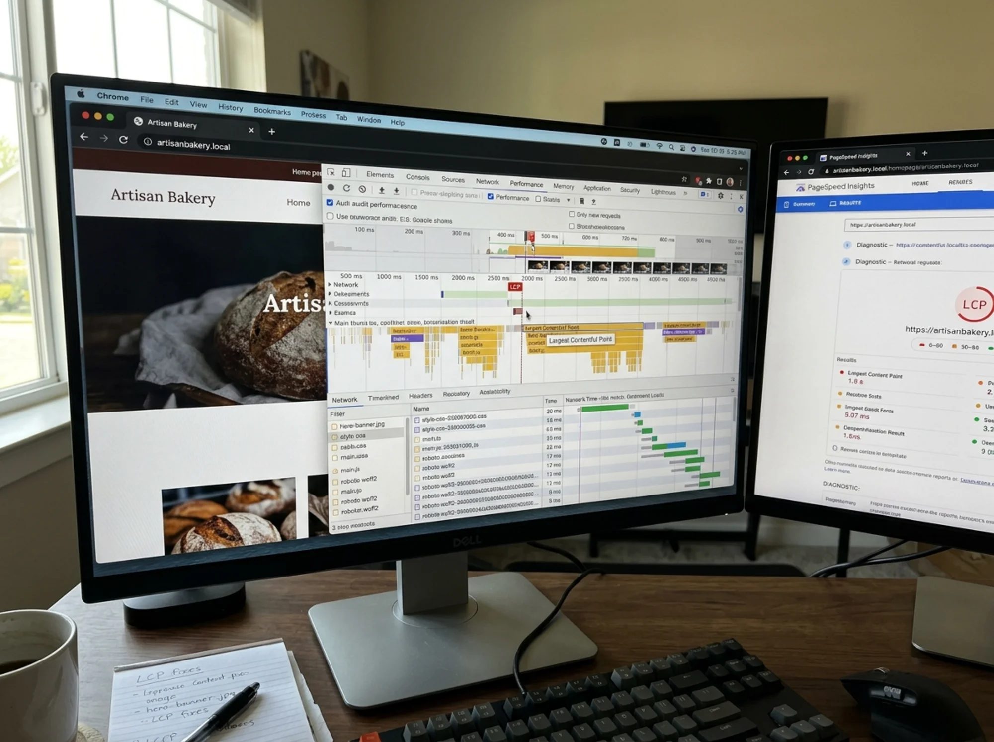 A web developer's monitor displaying the Chrome DevTools Performance panel with a clear LCP marker on the network waterfall, the largest contentful element highlighted as a hero image request, multiple network rows visible for CSS and JS, a second tab showing PageSpeed Insights results for a small business homepage