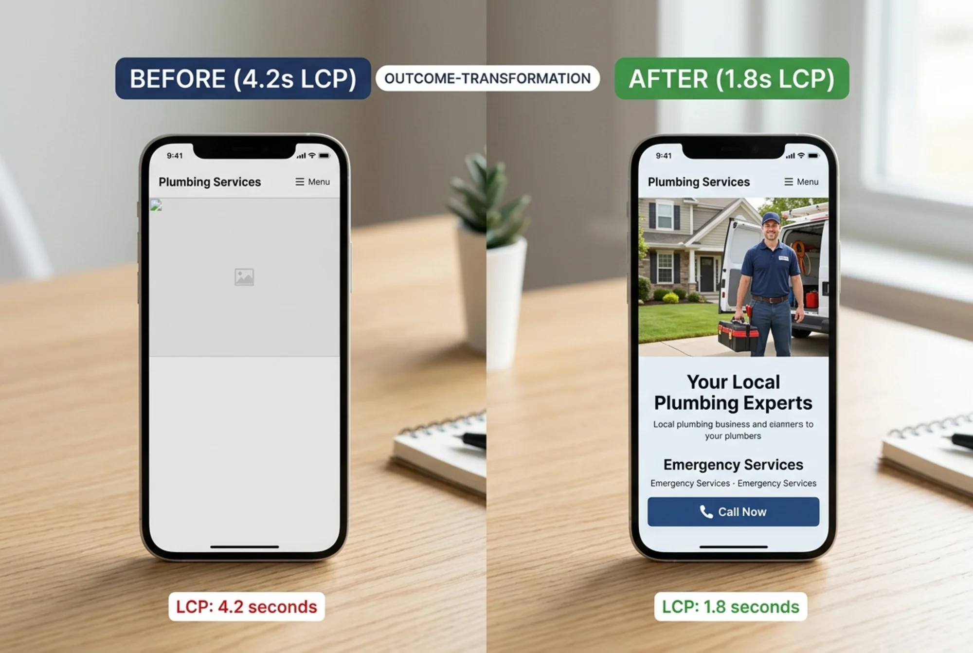 A split-screen smartphone comparison of the same plumbing services homepage: the left side showing a slow blank-then-pop loading sequence with a 4.2s timestamp overlay, the right side showing the same page fully rendered with the hero photo of a technician and a visible "Call Now" CTA at 1.8s, clean realistic side-by-side