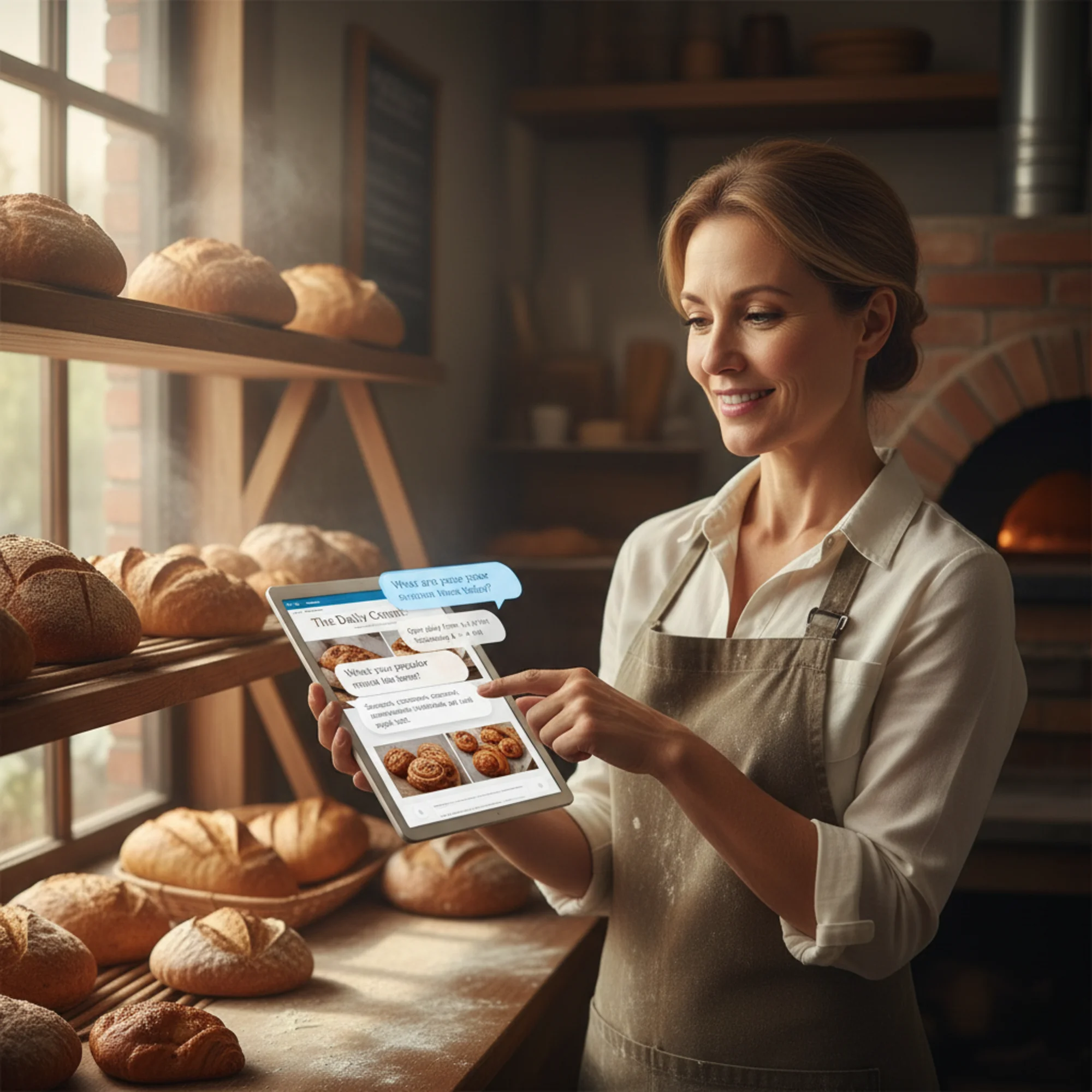 A small business bakery owner holding a tablet showing their website, with a translucent AI chat overlay pulling business details like hours and menu items directly from the site — warm bakery interior with bread shelves in background