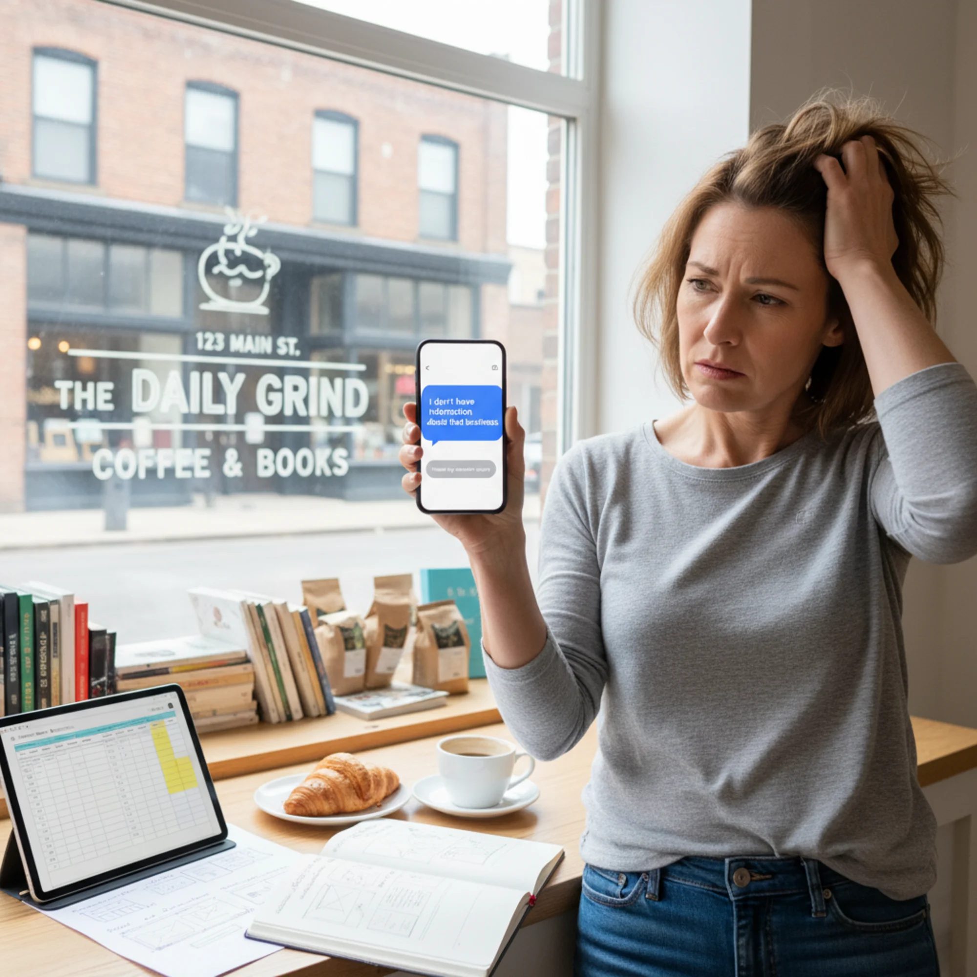 A frustrated small business owner staring at a phone showing an AI chatbot response reading "I don't have information about that business" while their actual brick-and-mortar storefront is visible through the window behind them