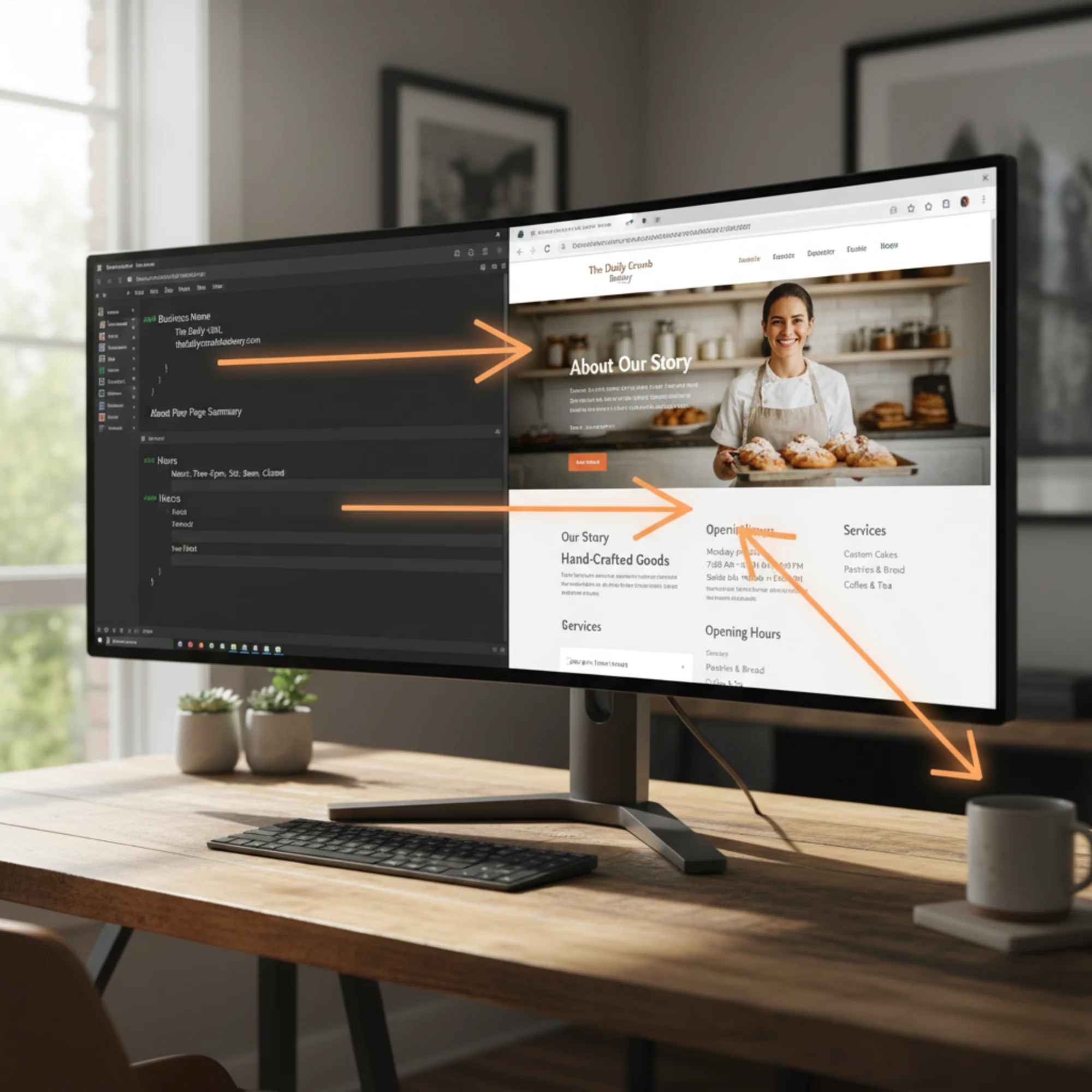 A split-screen code editor with a simple Markdown llms.txt file on the left and a bakery website About page on the right, with highlighted arrows showing key details like business name, hours, and services being summarized from the webpage into the llms.txt format