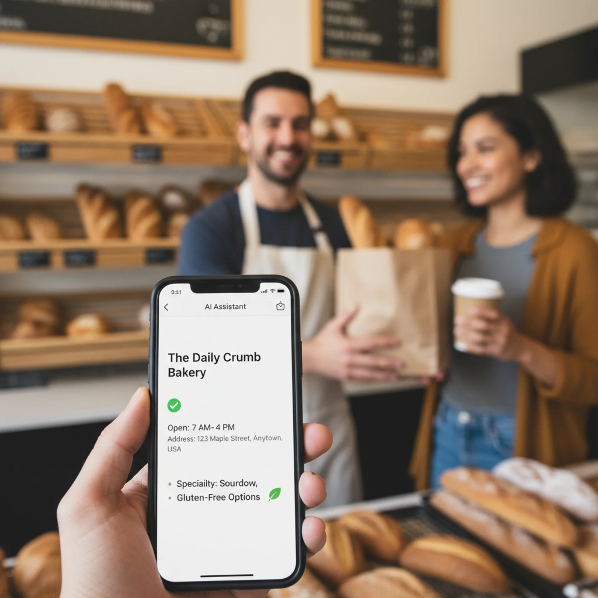 A phone screen showing an AI assistant accurately recommending a local bakery by name with correct hours, address, and gluten-free options listed, while the shop owner hands a bag of bread to a smiling customer in the background