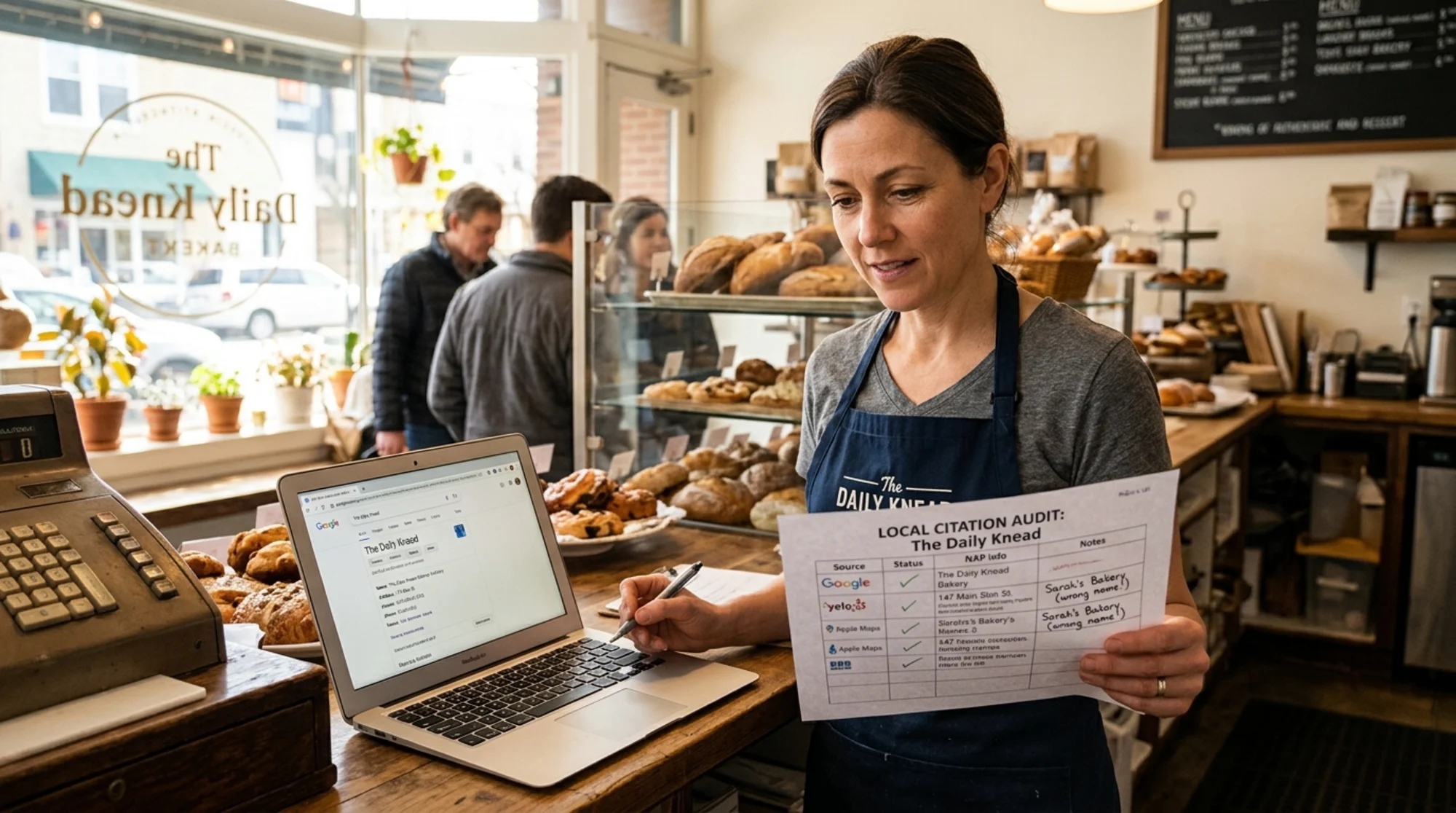 Independent bakery owner at the front counter holding a printed checklist of citation sources (Google, Yelp, Apple Maps, BBB), open laptop beside the register showing a business profile page, warm morning light through the storefront window