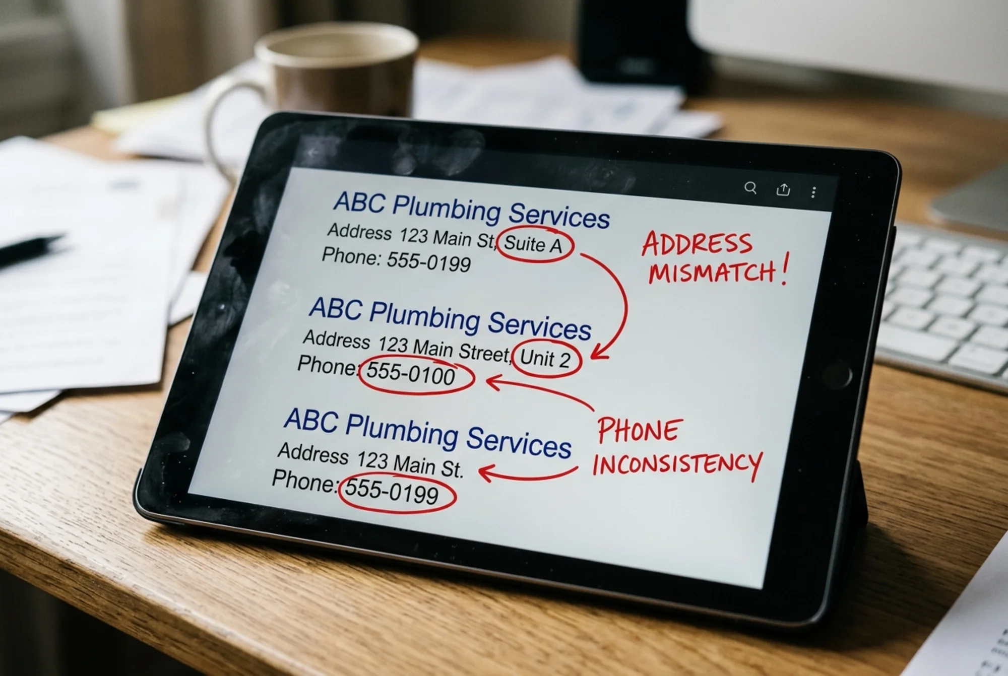 Tablet screen displaying three directory listings side by side for the same plumbing company, each row showing a slightly different street address and phone number with red highlight markers on the mismatched suite numbers and digits