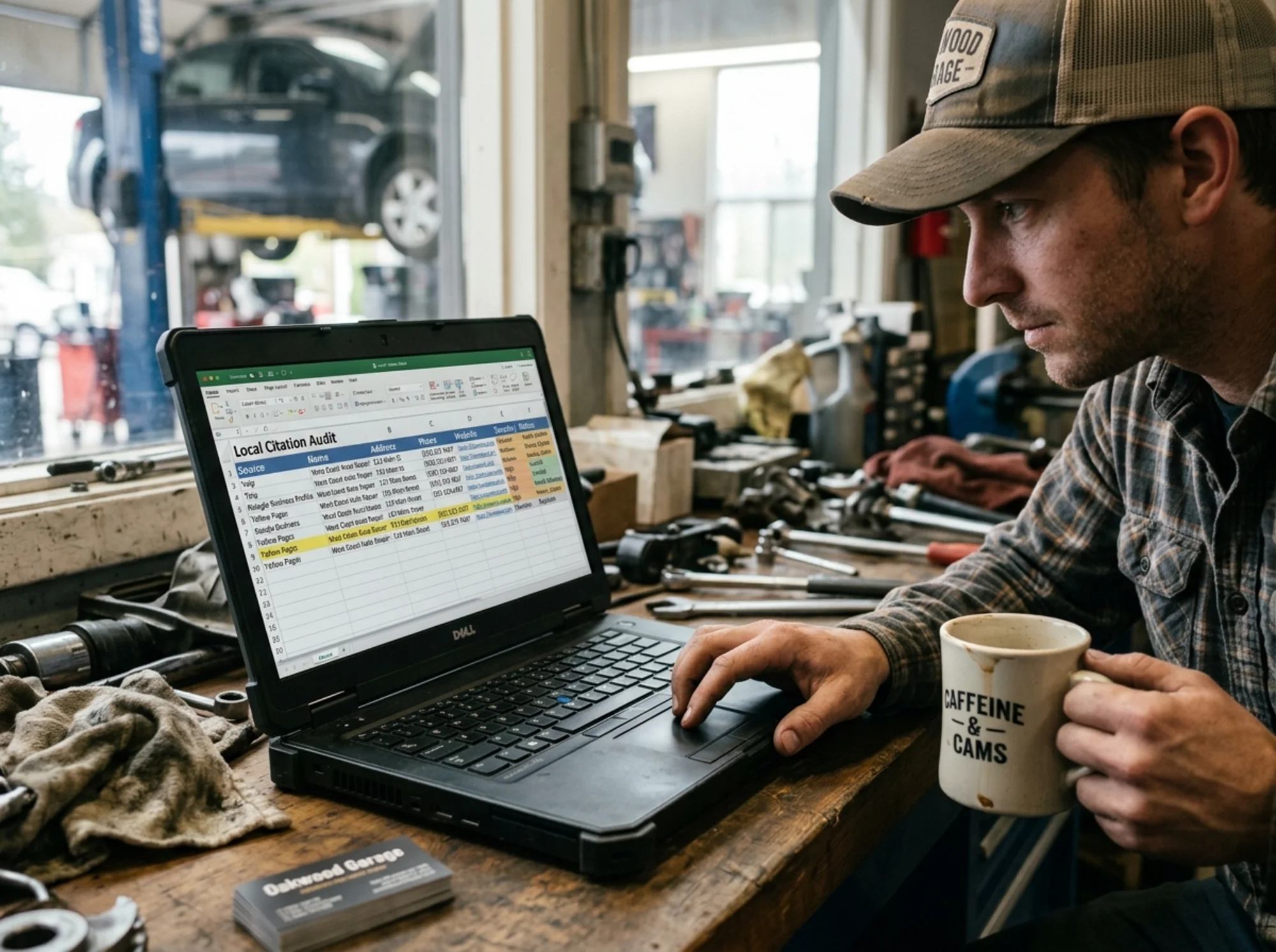 Close-up of a citation audit spreadsheet on a laptop screen with columns labeled Source, Name, Address, Phone, Website, Severity, and Status, a contractor in a workshop scrolling through rows while holding a coffee mug