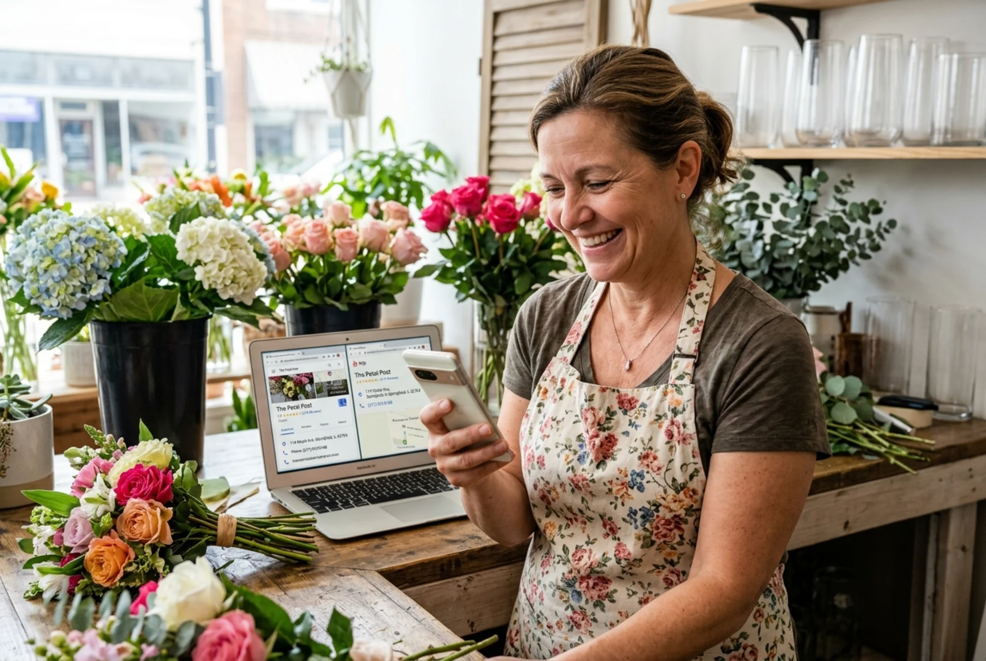 Florist business owner smiling at a phone showing a Google Business Profile, with browser tabs for Yelp and Apple Maps visible on a laptop in the background, all three displaying identical address and phone details, bright shop interior with fresh bouquets