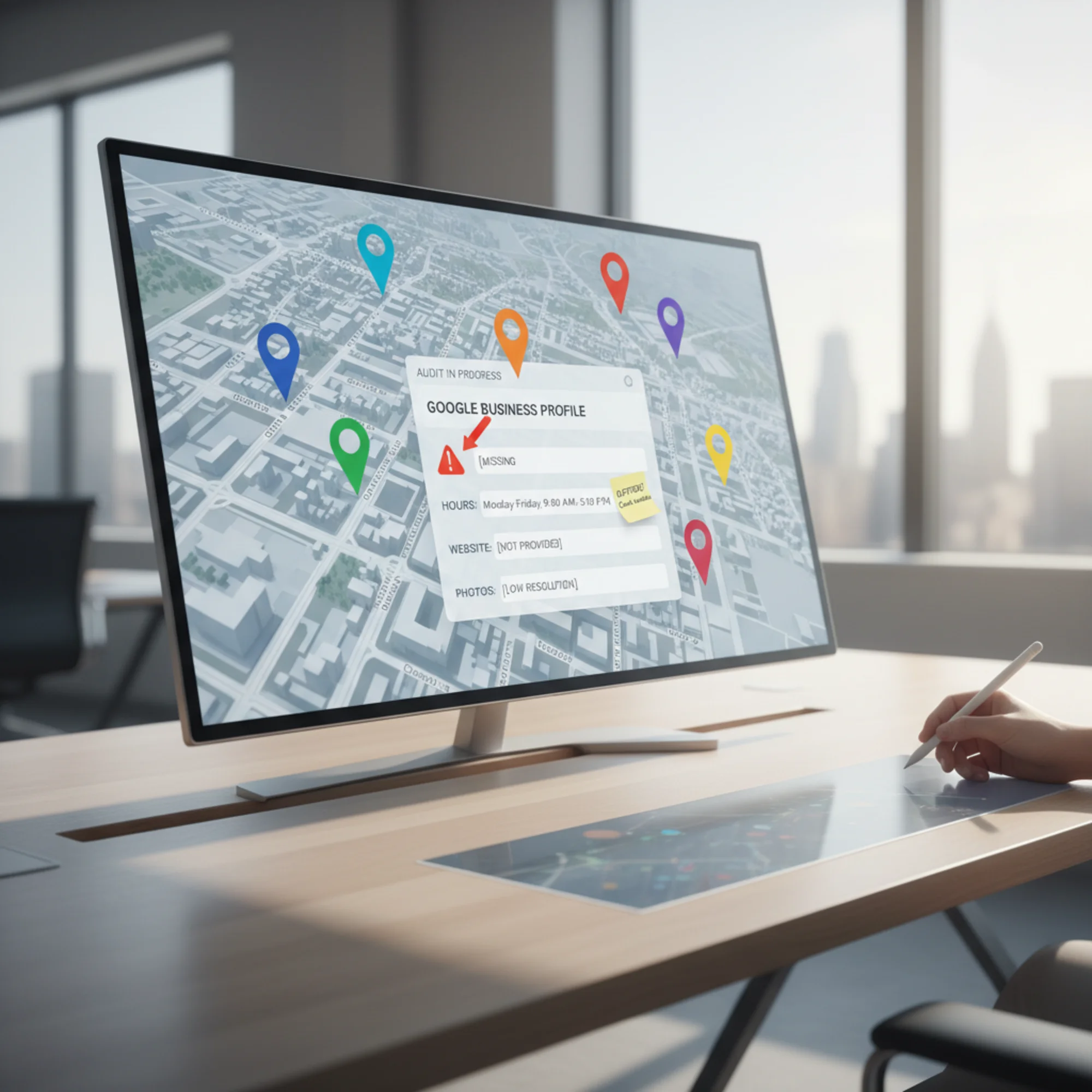 A city map interface with six colored business-location pins, one pin expanded to show an incomplete Google Business Profile card with a missing phone number field and outdated Monday-Friday hours
