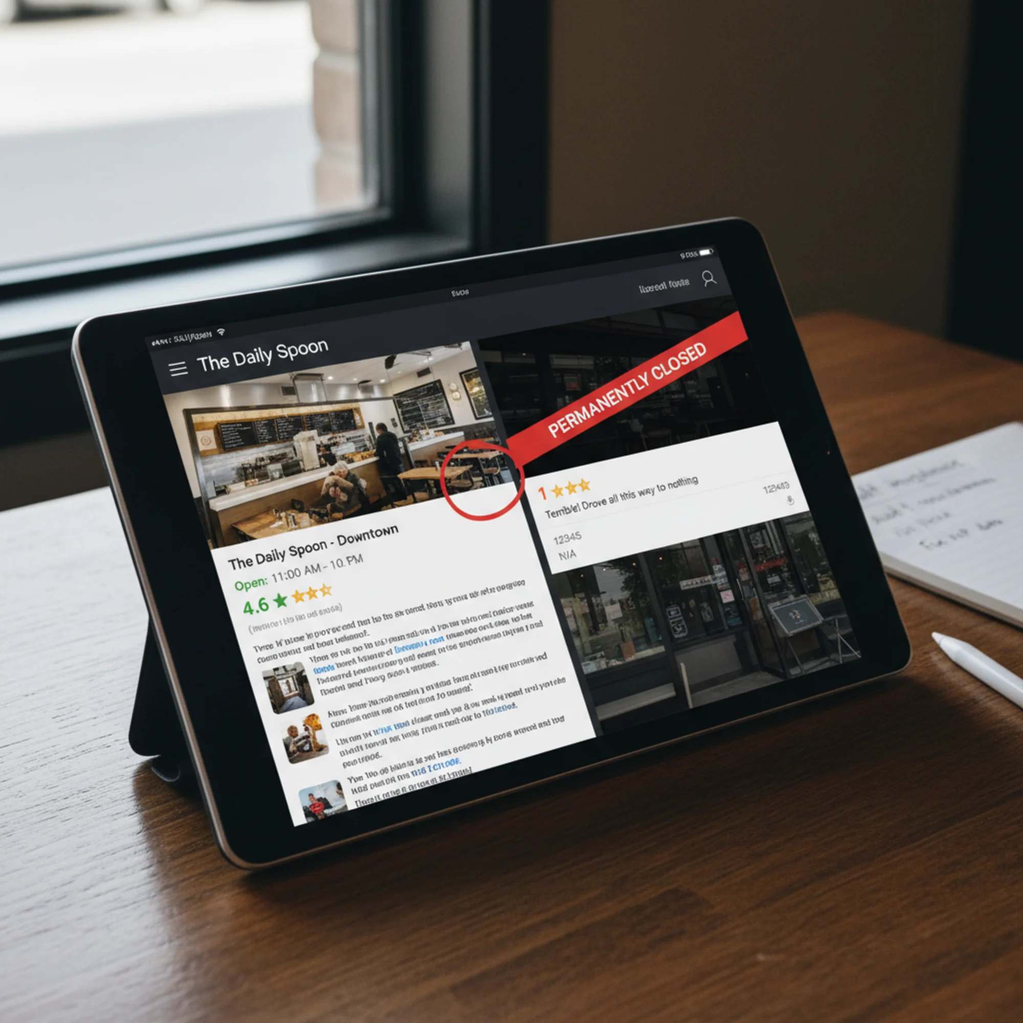 A tablet screen split between two location pages for the same restaurant chain — the left page shows correct hours and a 4.6-star rating, the right shows a permanently closed banner, wrong zip code, and a one-star review snippet