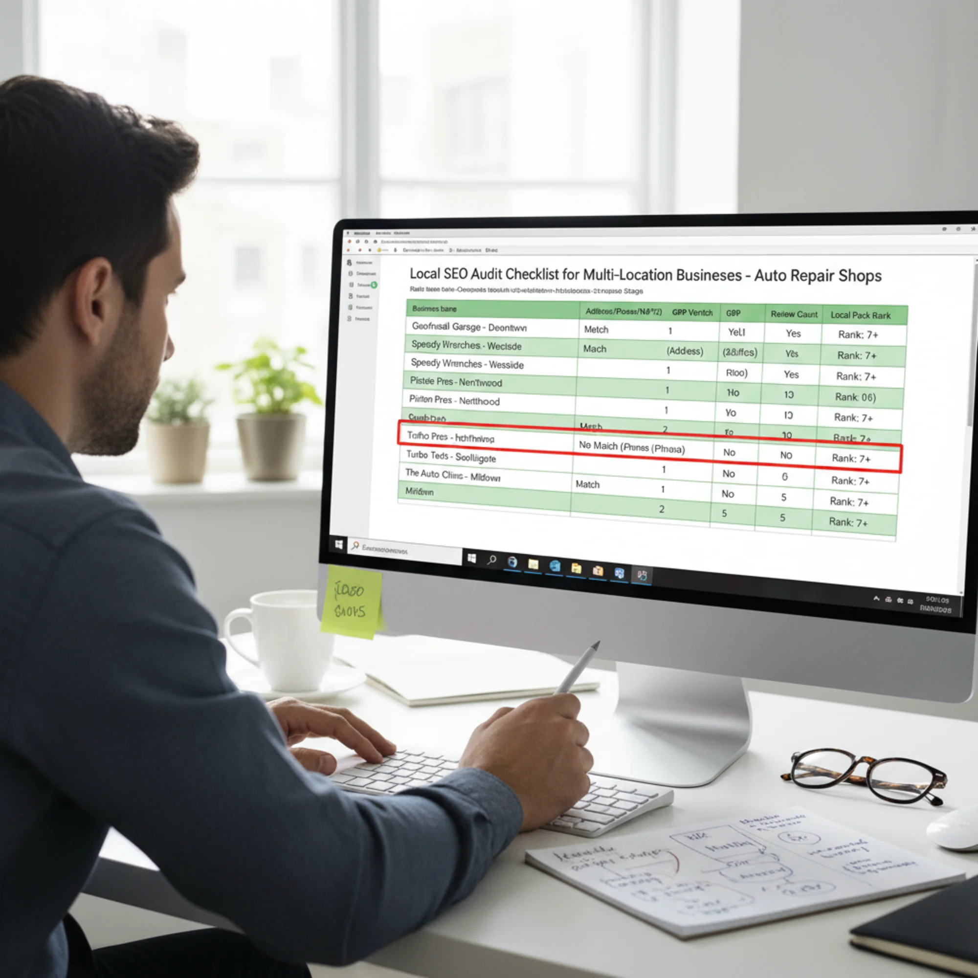 A spreadsheet on a widescreen monitor listing five auto-repair shop locations with columns for NAP match, GBP verified, review count, and local pack rank — two rows highlighted red for mismatched addresses and unverified profiles