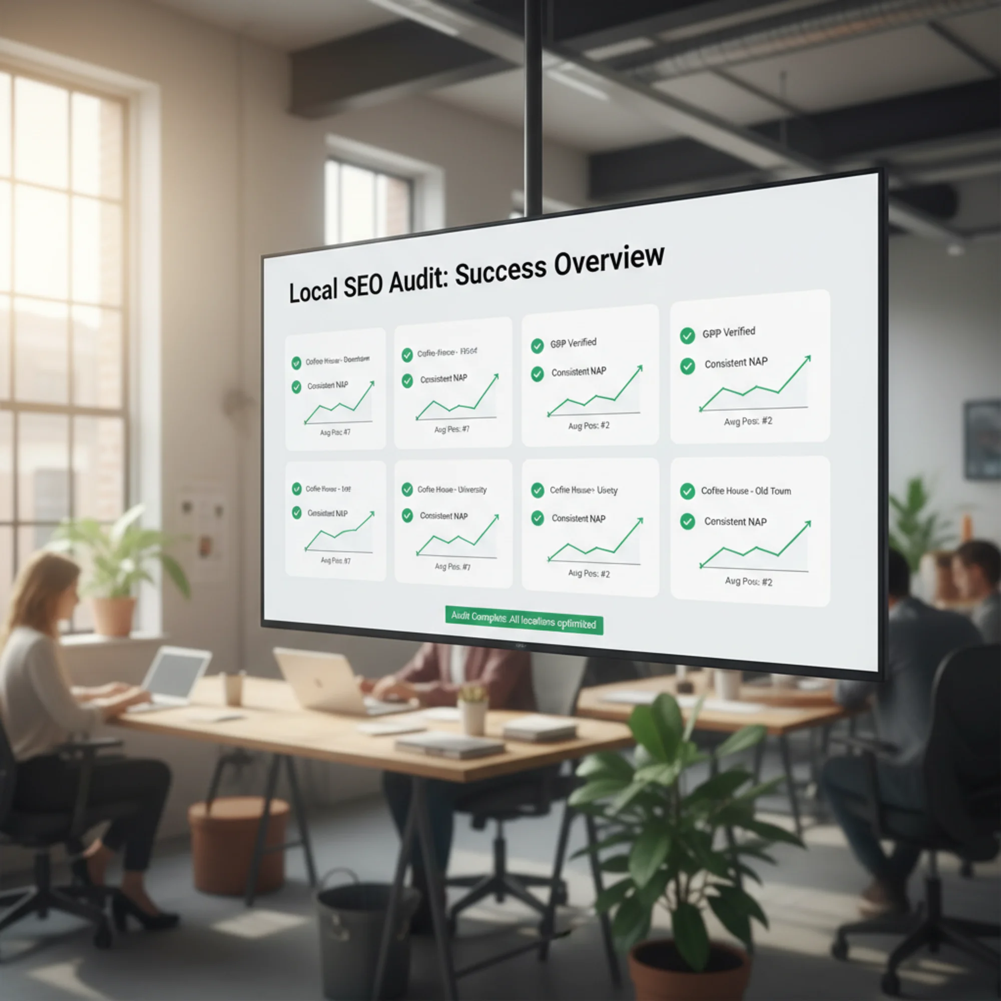 A multi-location business dashboard showing six locations with green checkmarks for verified GBP, consistent NAP, and rising local-pack position graphs beside each location name