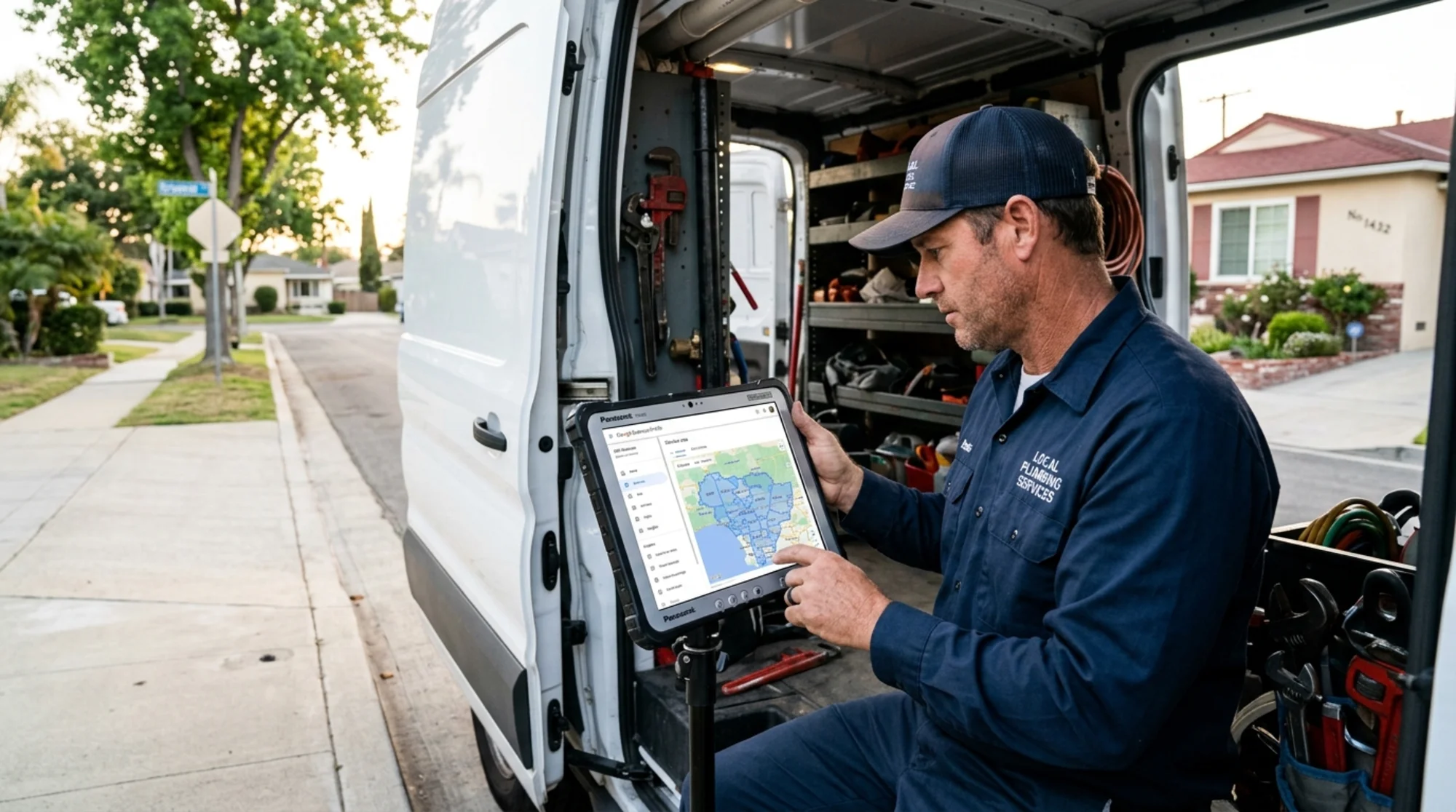 A plumber in a work van checking a tablet showing his Google Business Profile dashboard with a service area map highlighting multiple suburban zip codes in blue, parked outside a residential home on a quiet suburban street in morning light