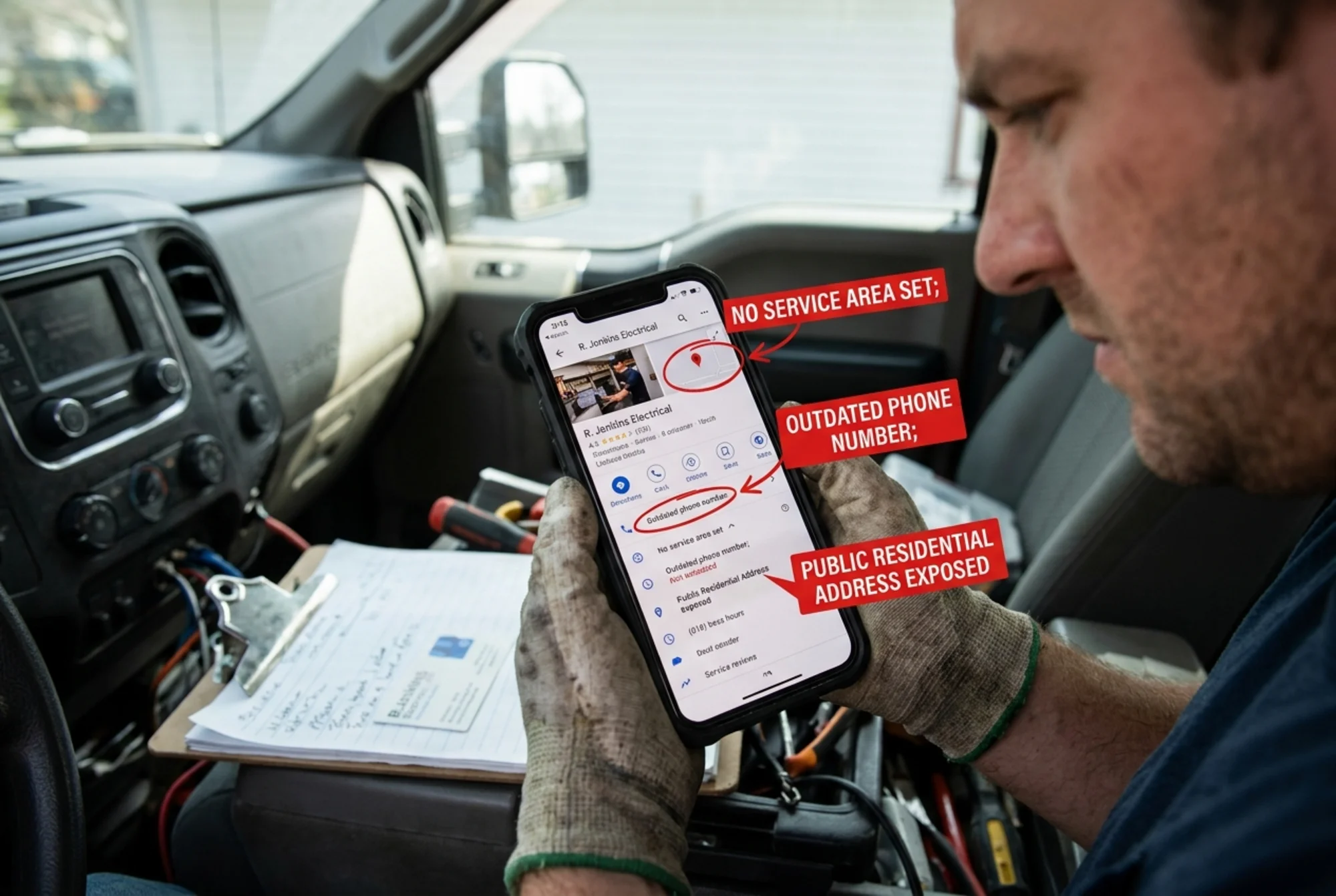 A close-up phone screen showing a Google Business Profile with red warning indicators reading "no service area set," an outdated phone number, and a public residential address, held by a frustrated electrician sitting in a work truck cab with tools and clipboards in the background