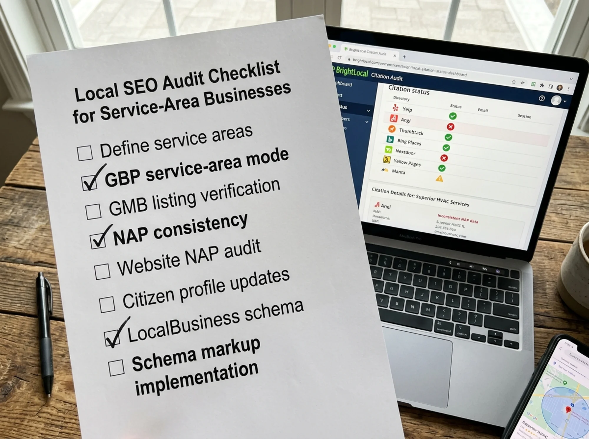 An overhead workspace view of a printed local SEO audit checklist with handwritten checkmarks next to "GBP service-area mode," "NAP consistency," and "LocalBusiness schema," alongside a laptop displaying citation status across Yelp, Angi, Thumbtack, and Bing Places with green and red status icons