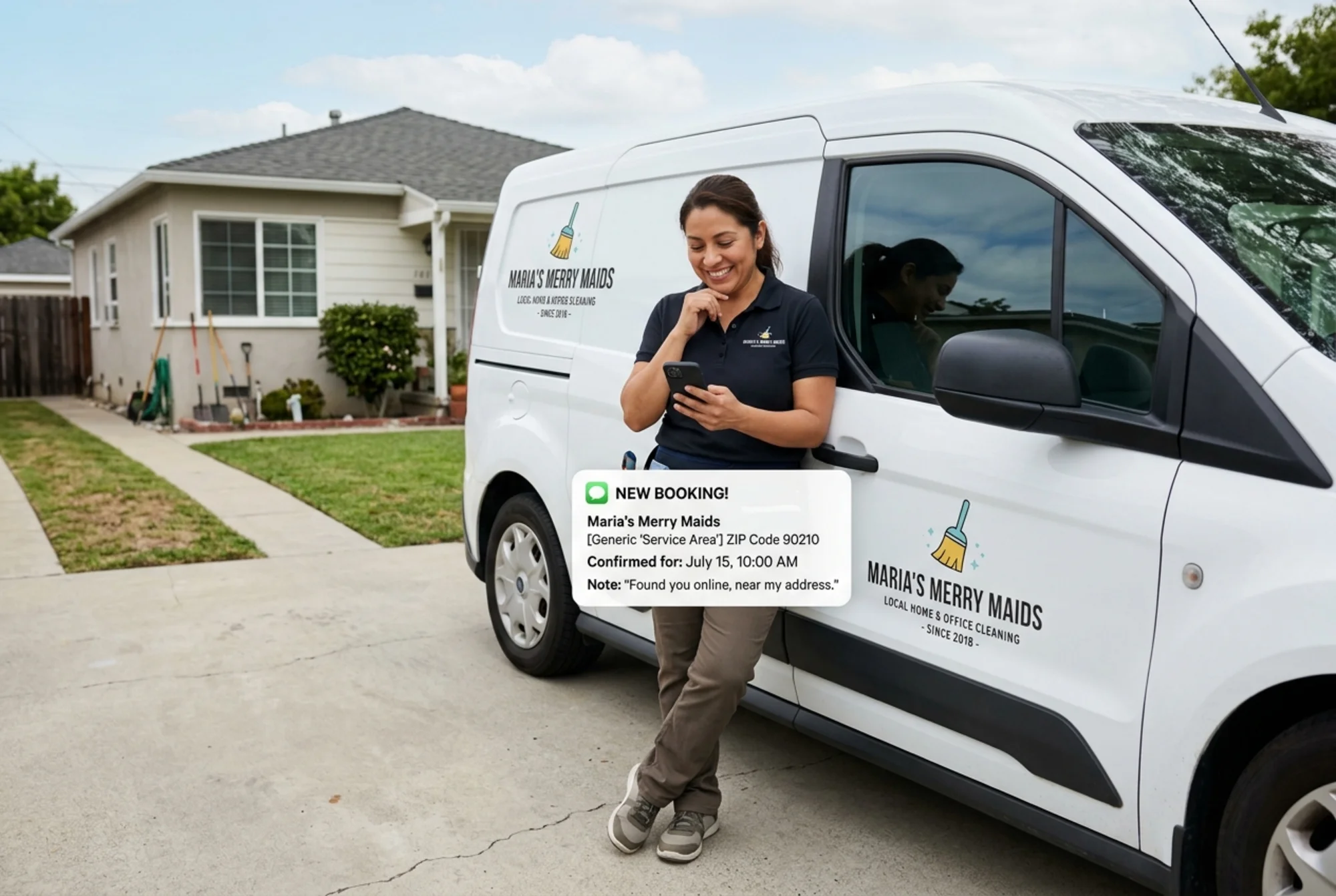 A small cleaning company owner standing beside her branded van in a driveway, smiling while looking at a phone showing a new booking notification from a nearby zip code, with her company logo visible on the van door