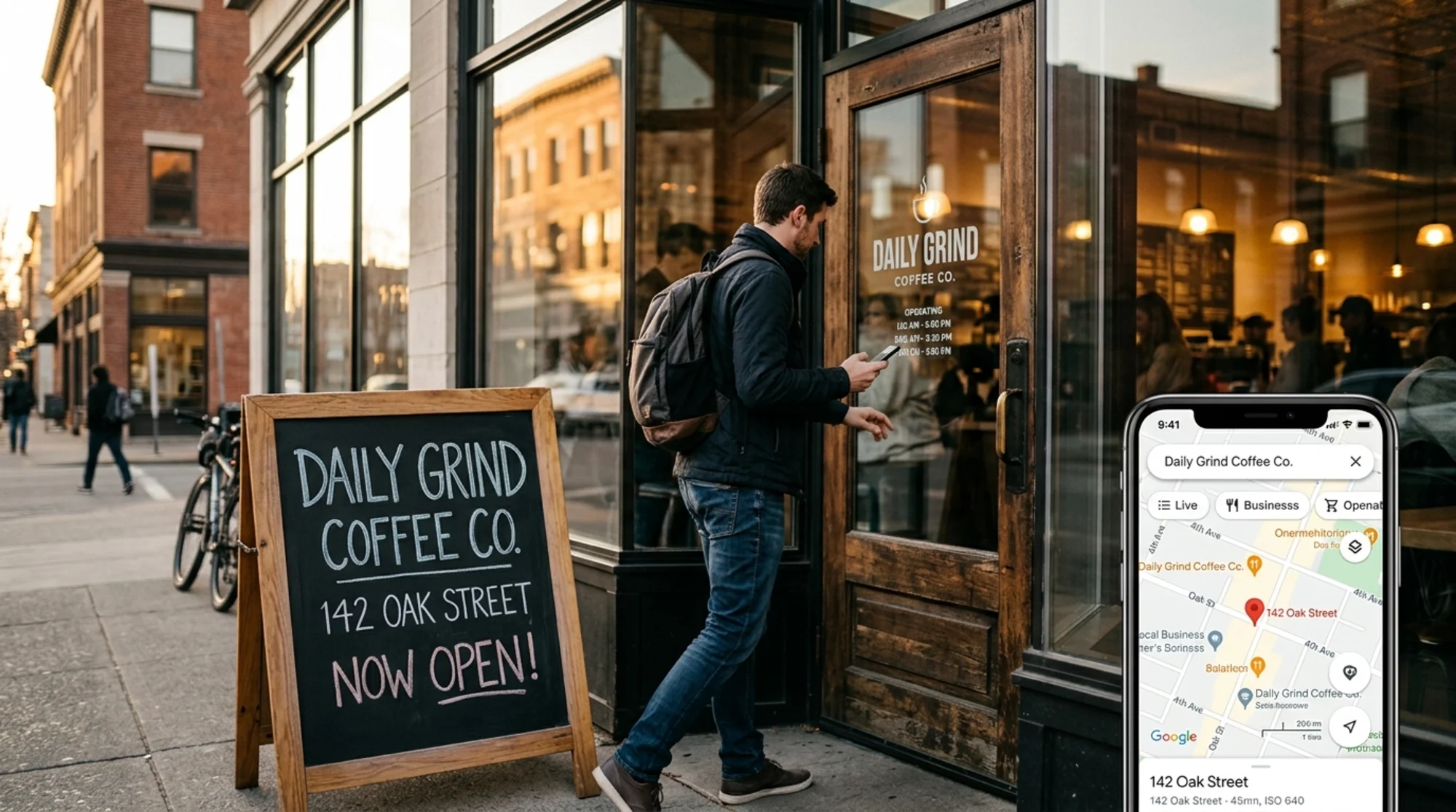 Storefront window of a coffee franchise with a chalkboard sign listing the location name and street address, customer walking in holding a phone that shows a Google Maps pin, warm late-afternoon light, shallow depth of field