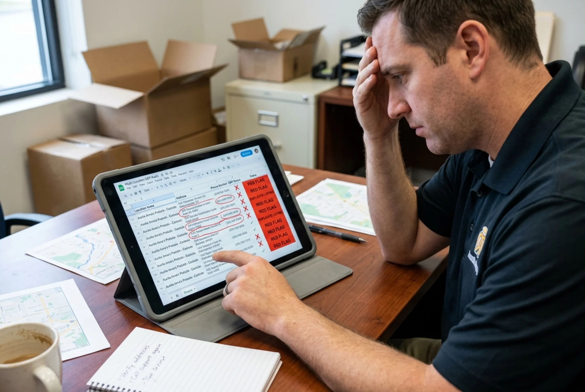 Regional manager's tablet on a back-office desk showing a spreadsheet of duplicate Google Business Profile listings for the same franchise location, red flags next to mismatched phone numbers and addresses, frustrated manager scrolling