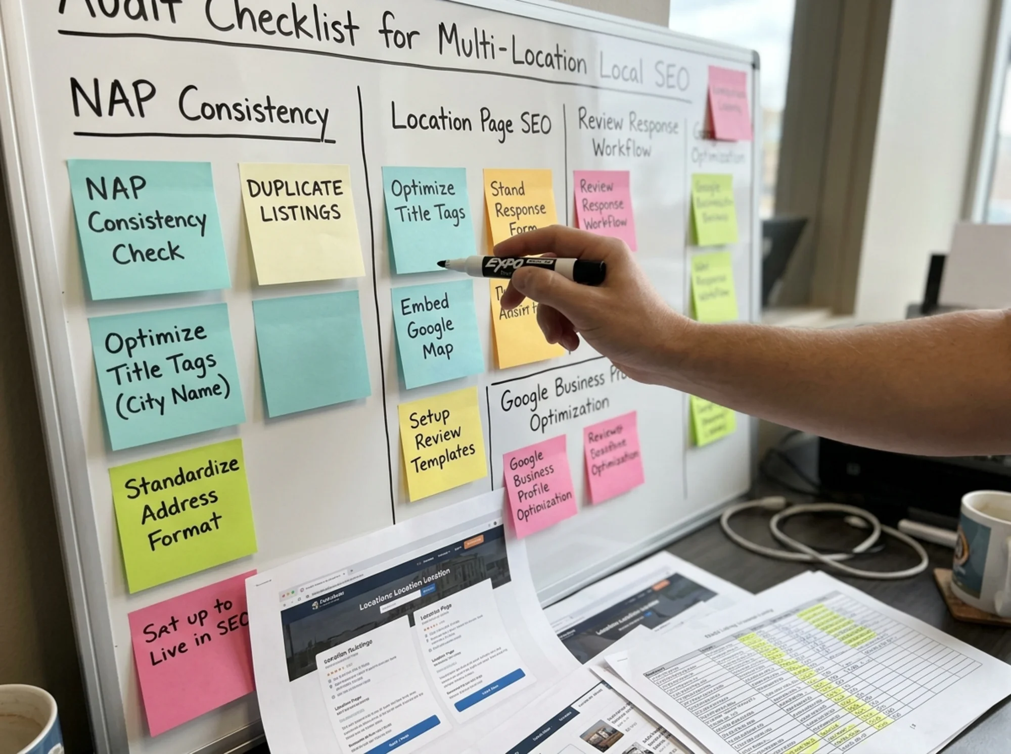 Franchise back-office whiteboard covered in sticky notes mapping NAP consistency checks, location page templates, and review response workflows, marker mid-air pointing at the "duplicate listings" column