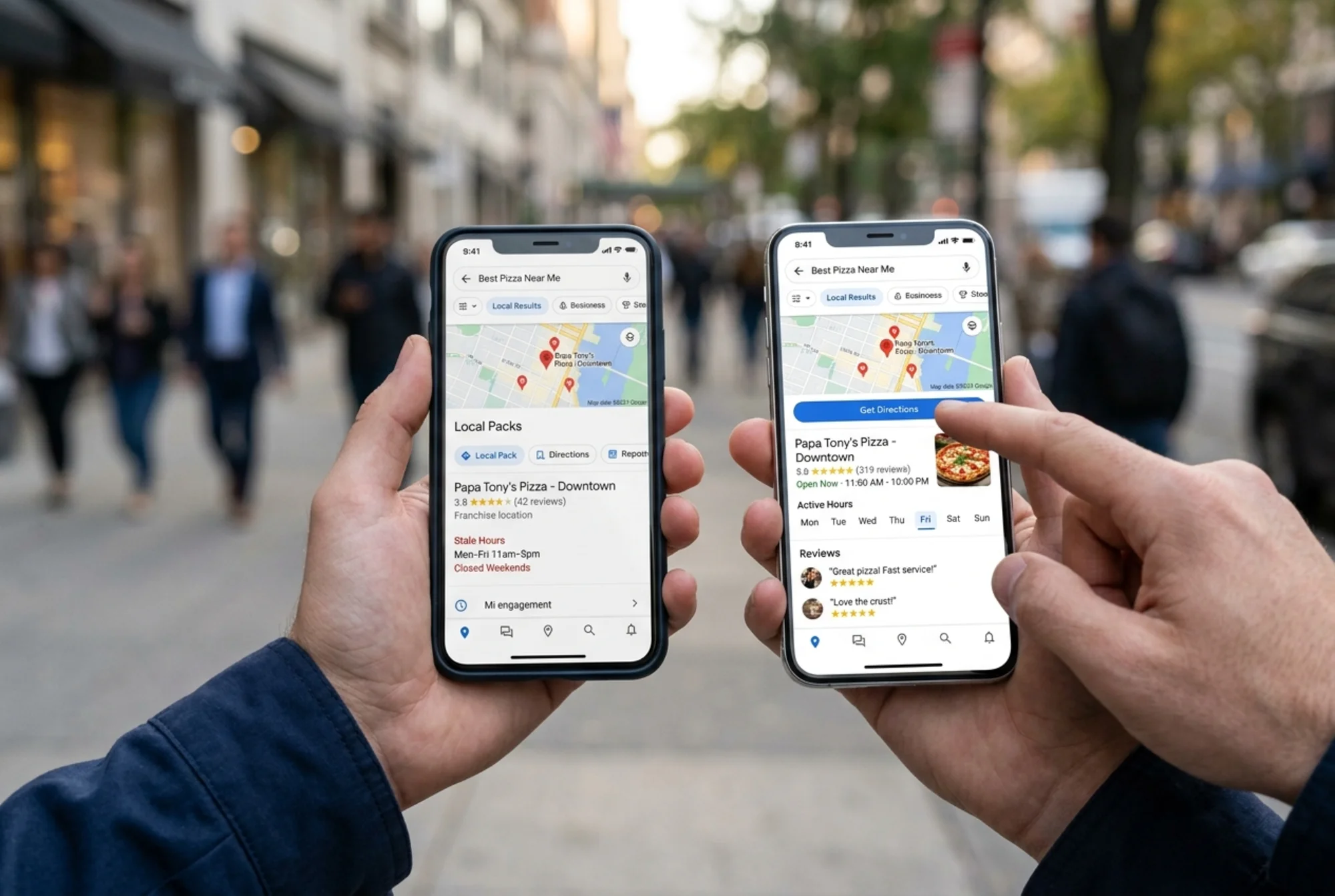 Two phones held side by side showing a local pack search for a franchise brand, left screen ranking fourth with stale hours, right screen ranking first with five-star reviews and a customer tapping "Get Directions"