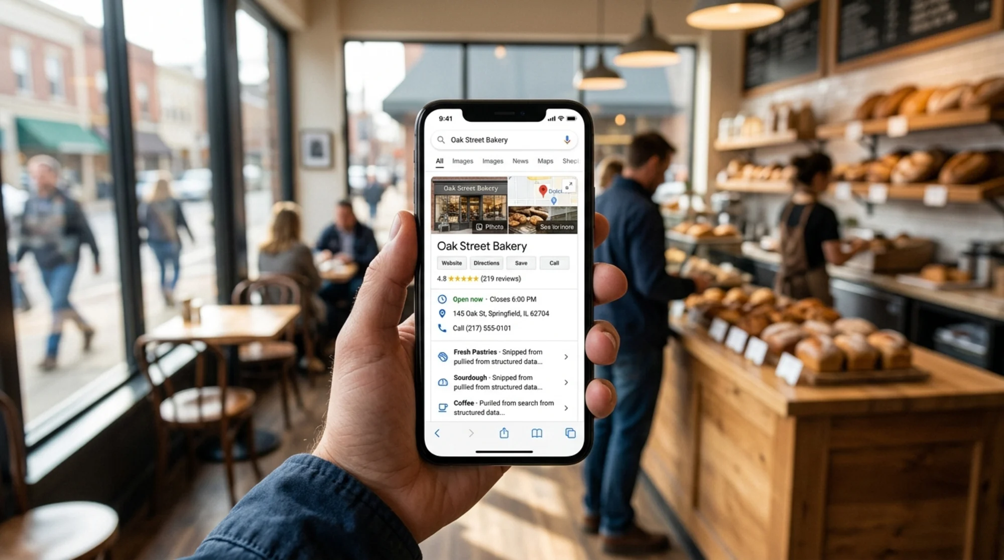 Close-up of a Google search result for a local bakery on a phone screen showing a full rich result with star rating, "Open now" hours, address, and phone number pulled from LocalBusiness schema, warm morning light through a storefront window behind the phone