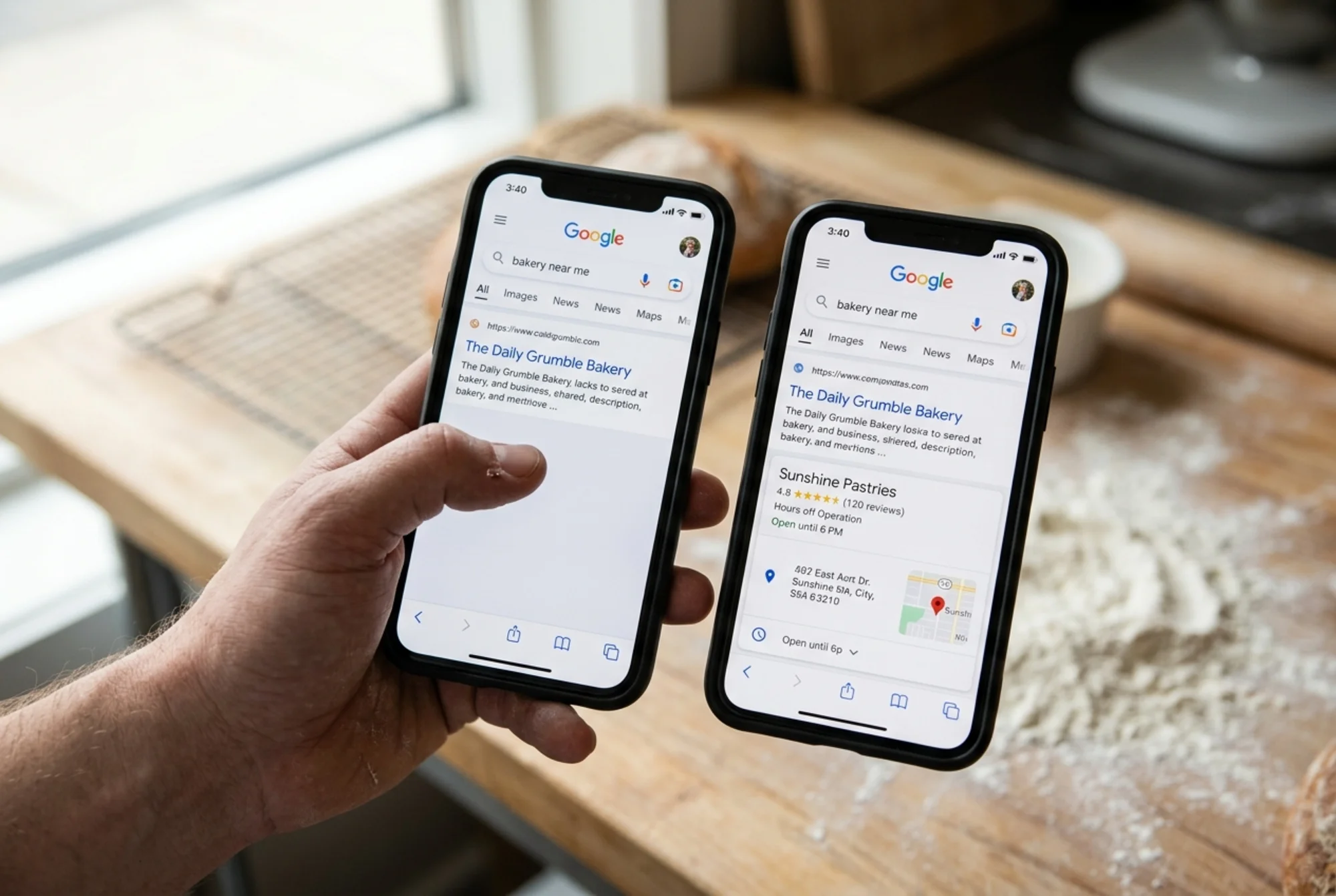 Side-by-side phone screens showing the same bakery query: left screen is a plain blue link with no stars, no hours, no address; right screen shows a competitor with full LocalBusiness rich result, a small business owner's hand visible holding the left phone in frustration