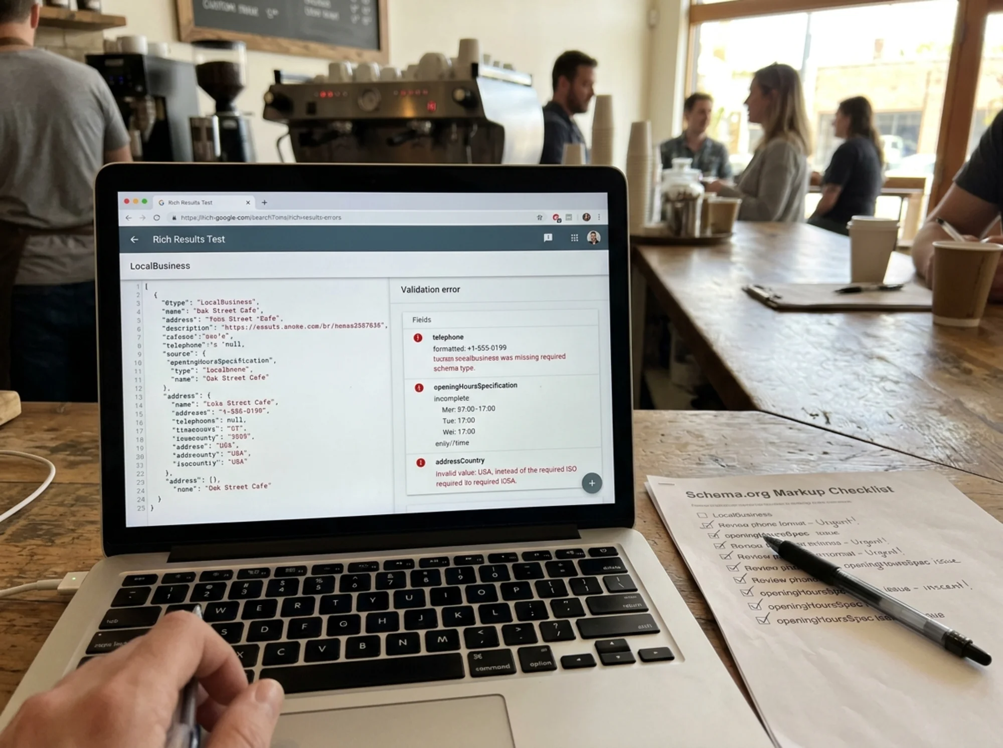 Laptop screen displaying Google's Rich Results Test with a LocalBusiness JSON-LD block on the left and red error markers next to fields labeled "telephone", "openingHoursSpecification", and "addressCountry" on the right, printed schema checklist and pen beside the laptop on a cafe counter